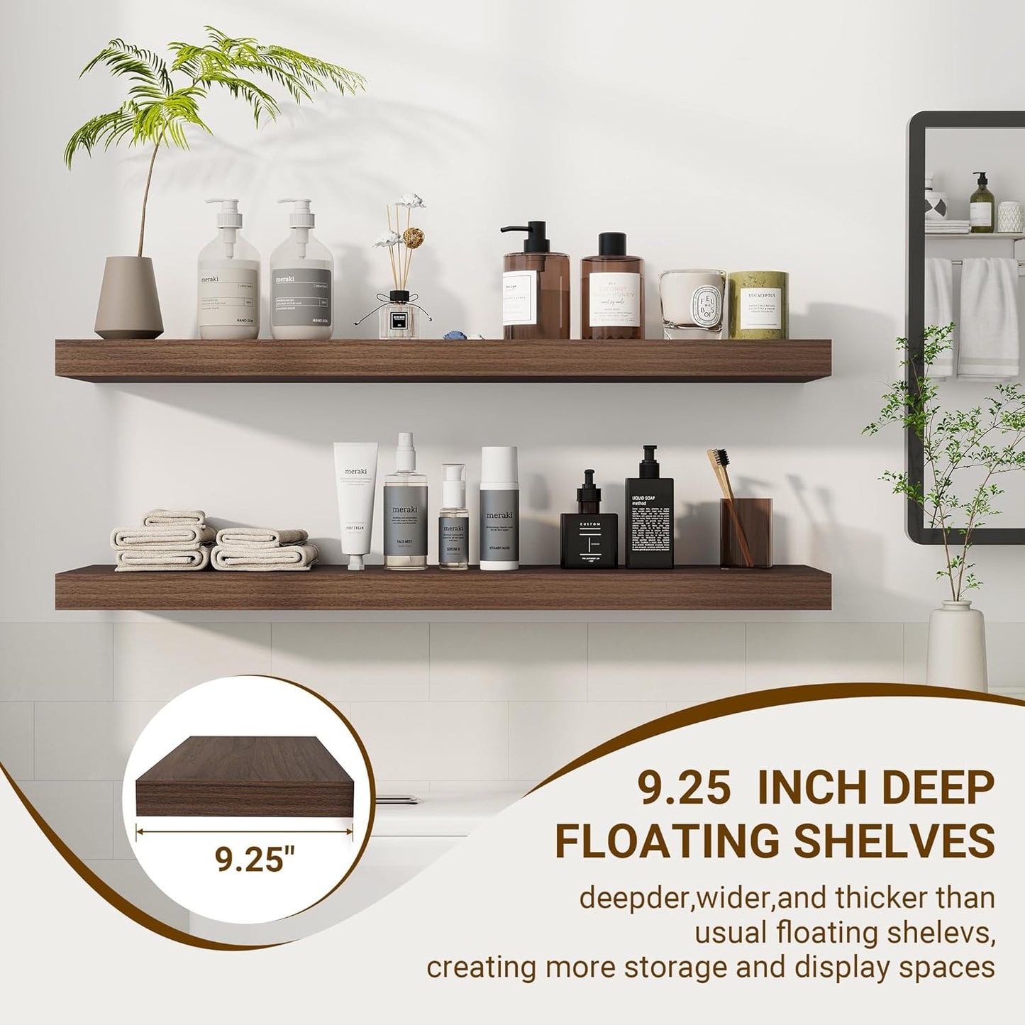 36 Inch Floating Shelves, 36"x9.25"x1.5" Inch Deep Floating Shelves for Wall, Wooden Shelves for Bathroom, Bedroom, Living Room, Walnut