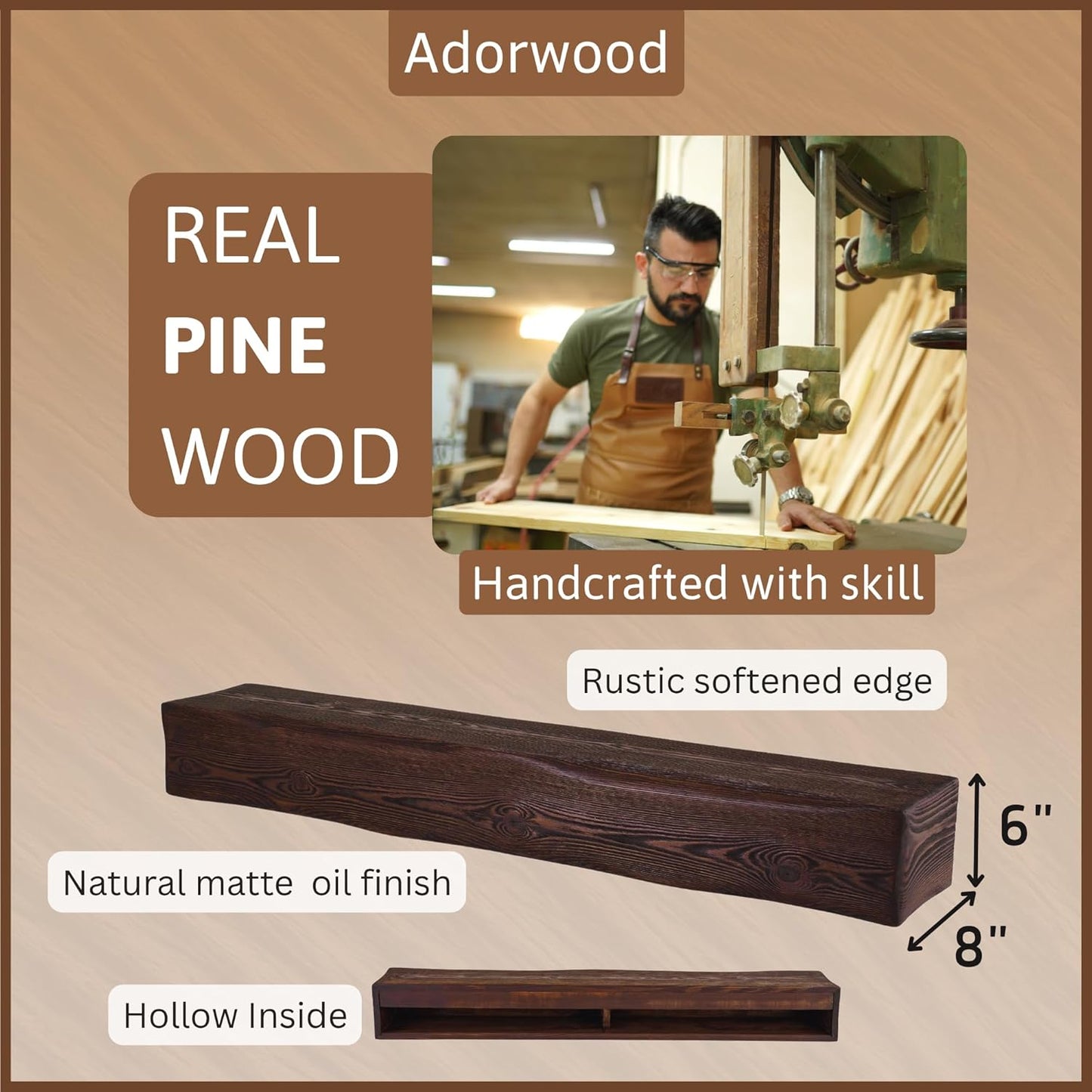 Handmade Fireplace Mantel Shelf, Extra Wide Rustic Wood Mantles for Over Fireplace, Wall Mounted Floating Mantel Shelves for Living Room Decor (Dark Walnut, 60 inches)