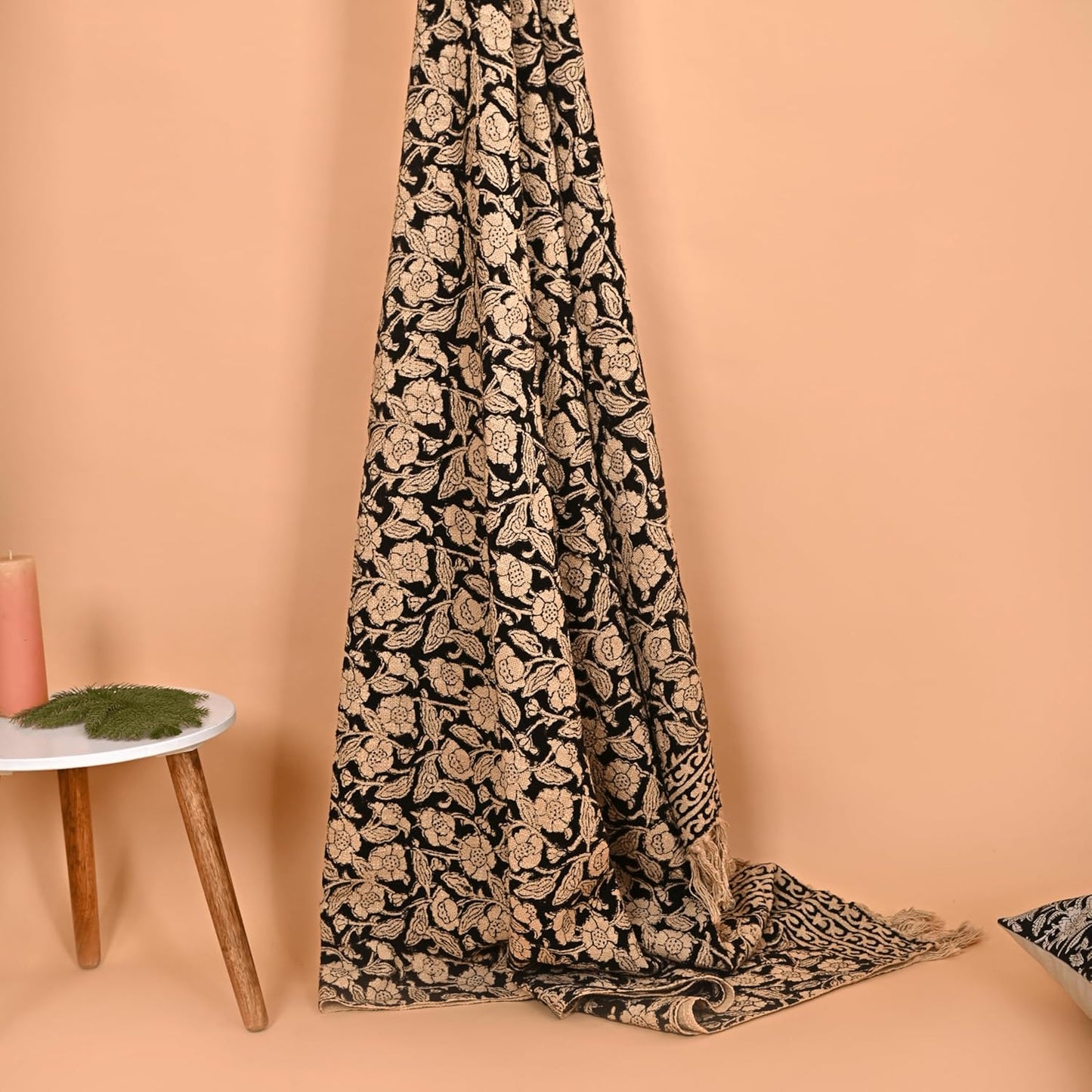 Handmade Cotton Throw Blanket, Floral Block Print, Black and Beige Wrap, 47x71 inches Decorative Woven Throw with Tassels