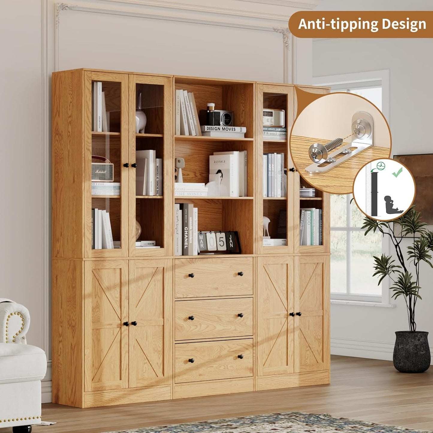 71" Tall Bookshelves Set of 3, 1 Bookcase with Drawers & 2 Bookshelves with Doors, Wooden Floor Standing Display Storage Shelves for Home Office, Living Room