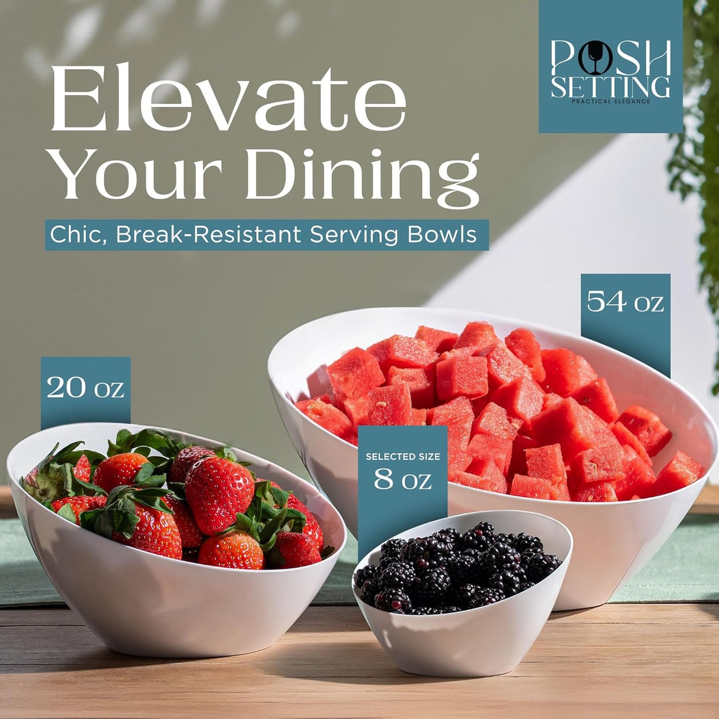 Posh Setting - White Plastic Serving Bowls for Party Angled Bowls Disposable Chip Bowls Candy Bowls for Party Table Salad and Fruit Bowls for Party Wedding Serving Bowls - White, 8 OZ, 5 Pack