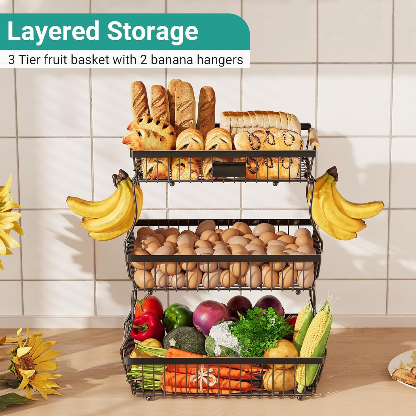 3 Tier Fruit Basket for Kitchen Counter with 2 Banana Hangers, Countertop Metal Fruit Bowl with Wooden Handle, Large Storage Stand for Vegetables, Snacks, Breads, Produce Storage – Black