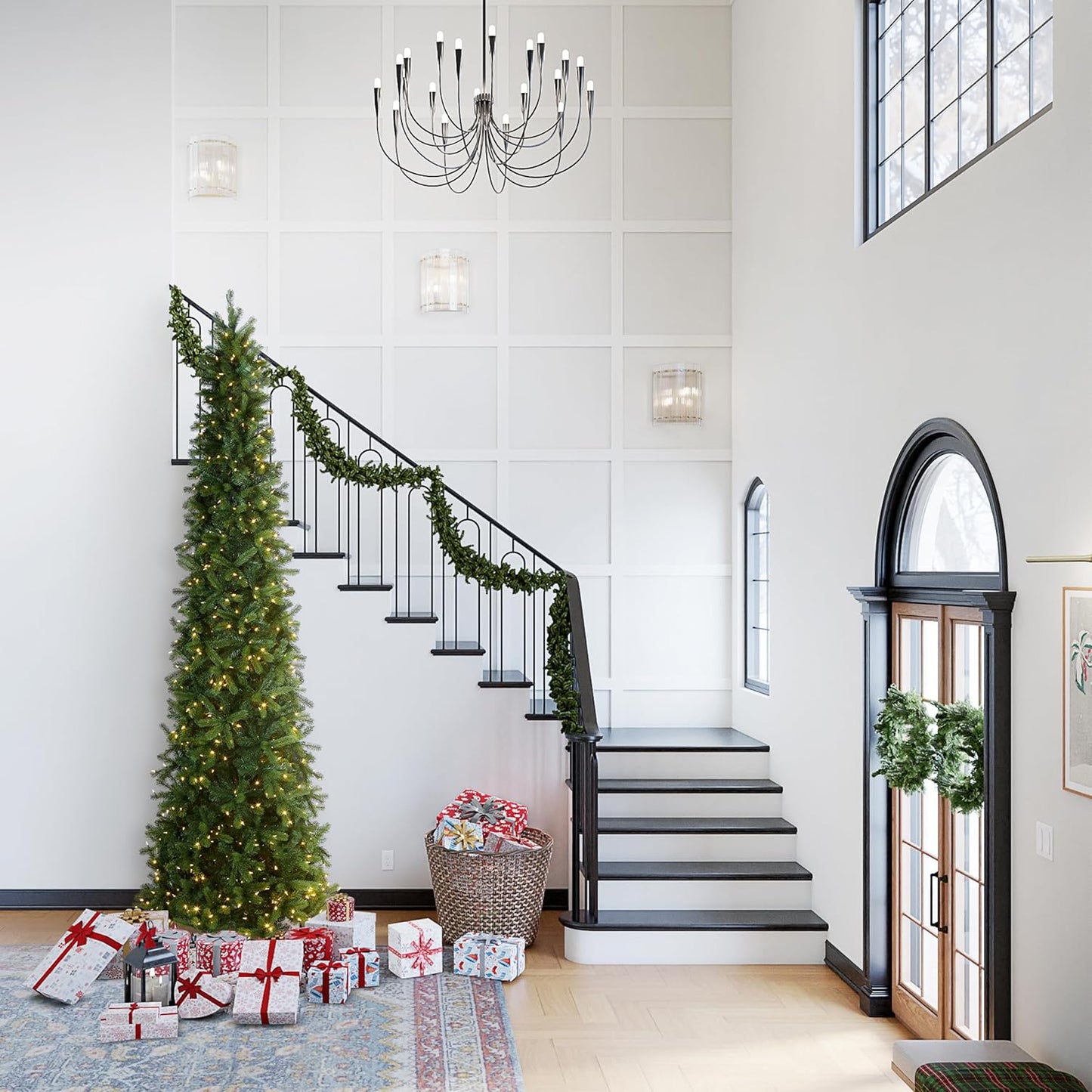 National Tree Company Pre-lit 'Feel Real' Artificial Giant Slim Downswept Christmas Tree, Green, Douglas Fir, Dual Color LED Lights, Includes PowerConnect and Stand, 12 feet