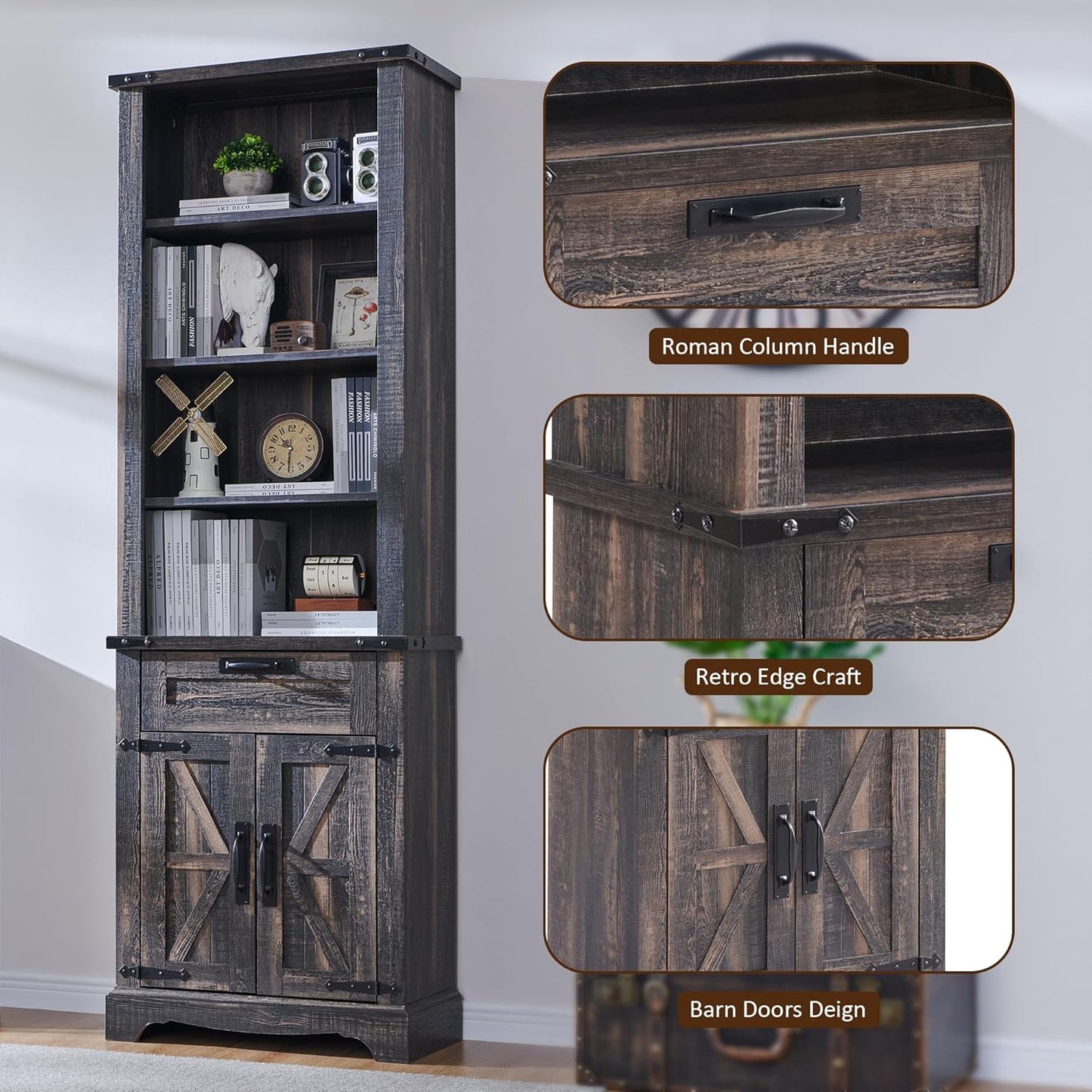 OKD 72'' Tall Bookshelf with Storage, Farmhouse 4 Tier Bookcase w/Barn Door, Adjustable Shelves and Drawers, Rustic Wooden Office Bookshelves for Home Bedroom, Living Room, Library (Dark Rustic Oak)