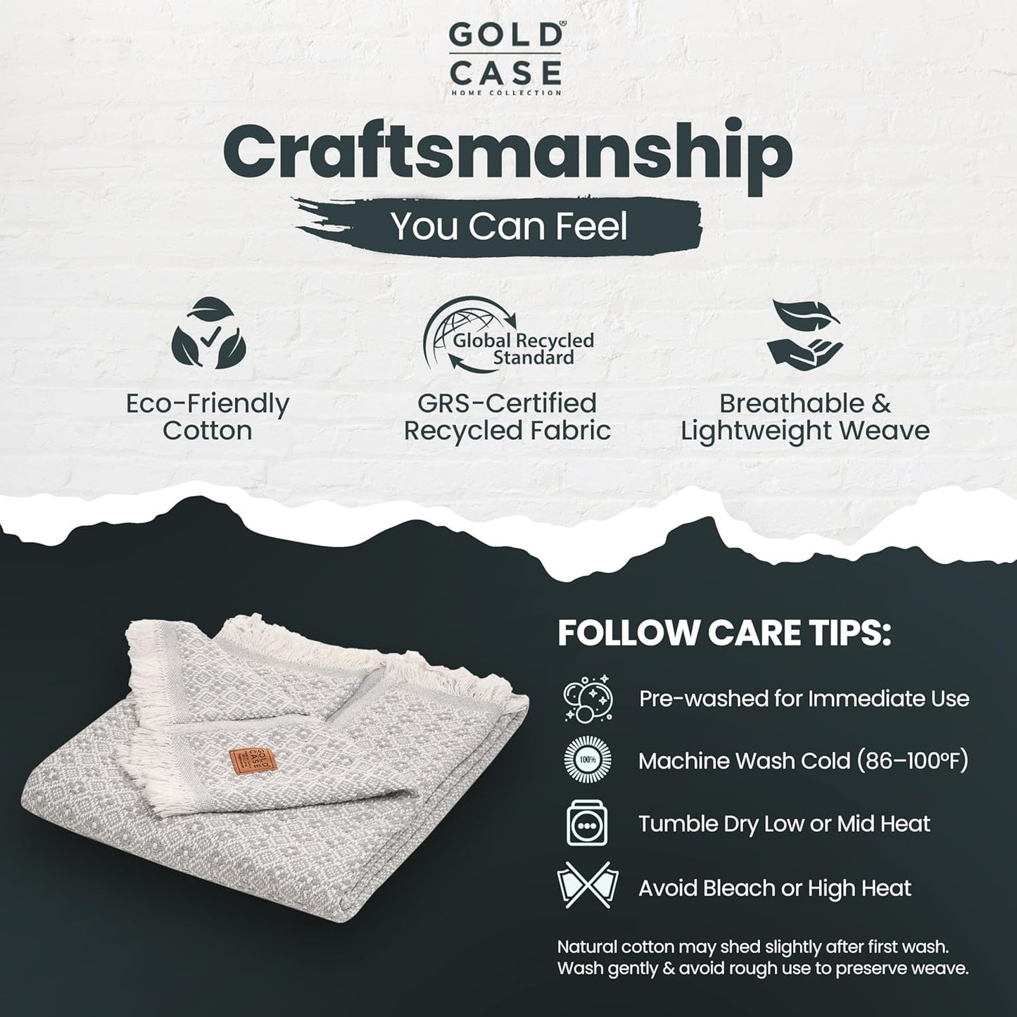 Gold Case Throw Blanket for Couch – 100% Recycled Turkish Cotton Blankets & Throws – Elegant Decorative Throw Blankets for Living Room Sofa – Woven Throws for Couch – Retro Grey – 50x60