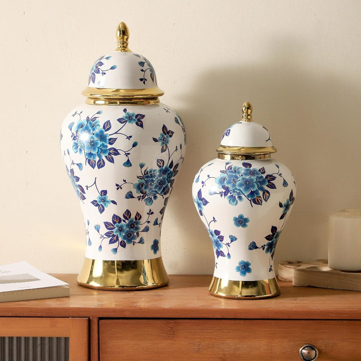 Ginger Jars for Home Decor, White and Gold Vase, Porcelain Ginger Jar Chinoiserie Blue and White Vase with Gold Trim and Floral Pattern, Ceramic Flower Vase for Home, Temple and Storage Jars(18in)