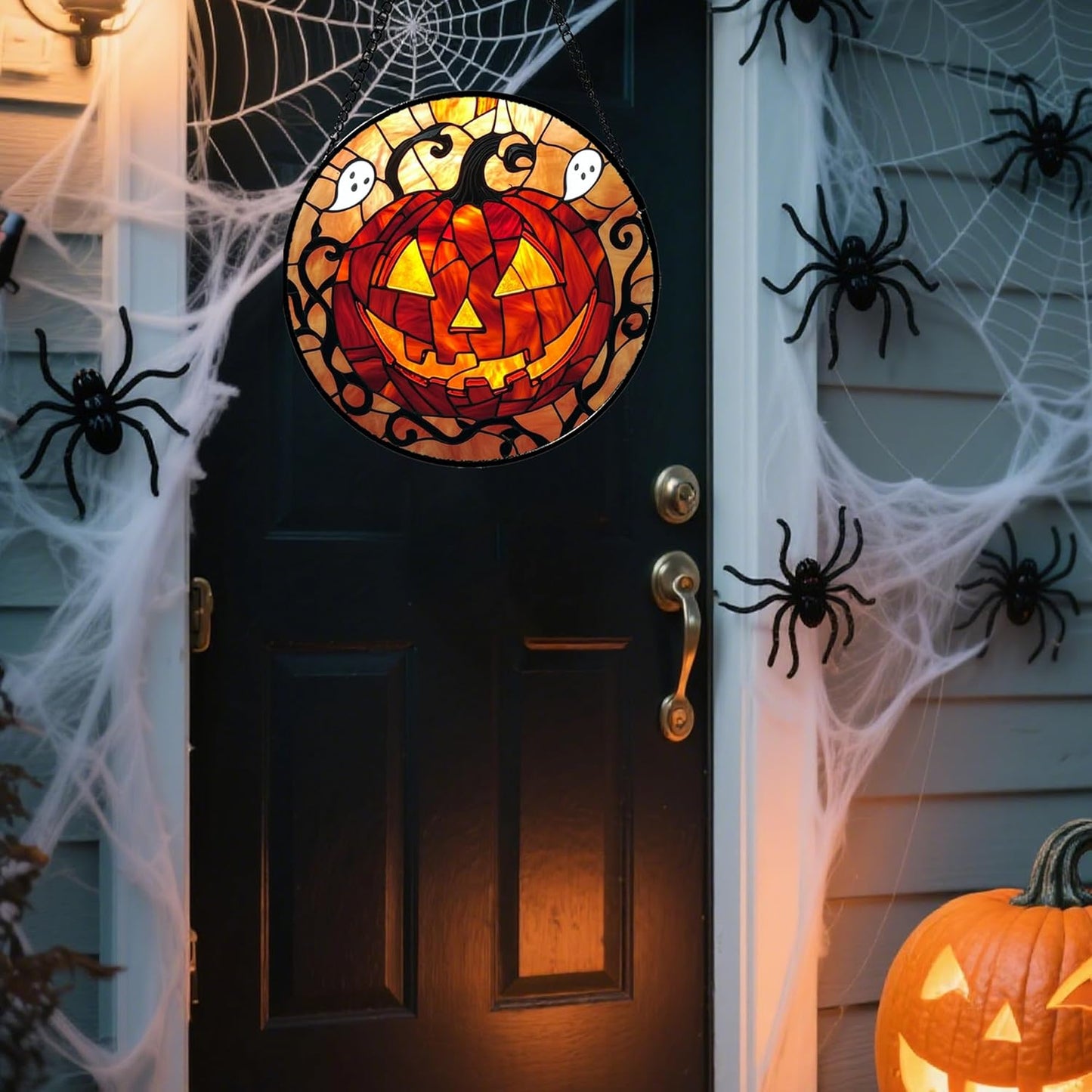 Stained Glass Window Hanging - Halloween Decorations Evil Pumpkin Orange Suncatcher for Doors Garden Indoor Funny Spooky Sun Catchers Gothic Decor Horror Gifts for Women Men Friend 9.8 in