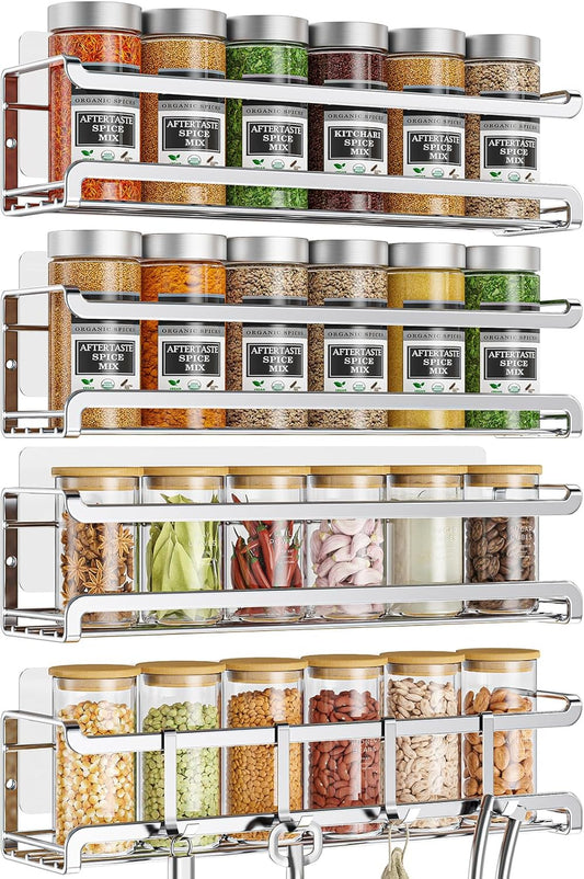 Spice Rack wall mounted 4 Pack, Space-Saving Spice Organizer for Spice Jars and Seasonings,Screw or Adhesive Hanging Spice Rack Organizer for Your Kitchen Cabinet,or Pantry Door,Chrome