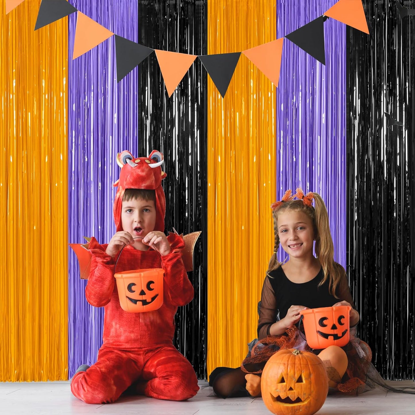 4 Pack Halloween Decorations, 3.28 FT x 7.05 FT Orange Purple Black Party Streamer, Funny Photo Backdrop Foil Curtains Fringe Tinsel, Halloween Door Decor Party Supplies Indoor