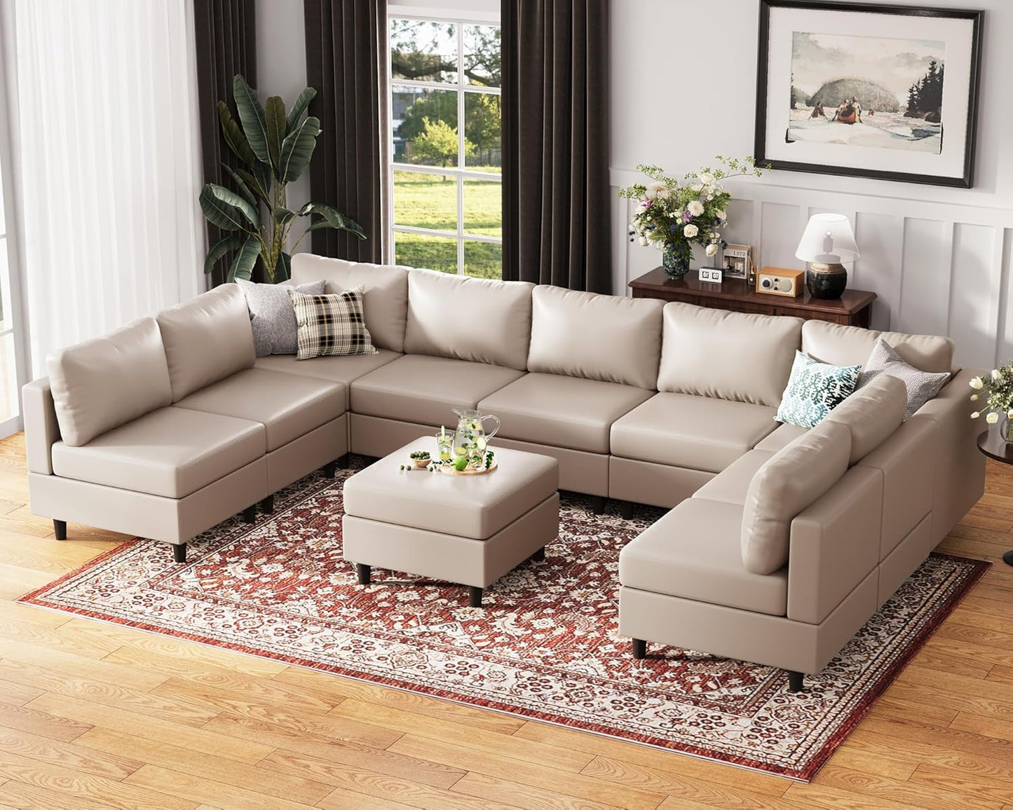 ABCASA Oversized 145.5" Faux Leather Modular Sectional Sofa, Modern Large 10 Seater U Shaped Couch with Storage Seat with Reversible Chaise Deep Seat for Living Room DIY Combination - Whitesand