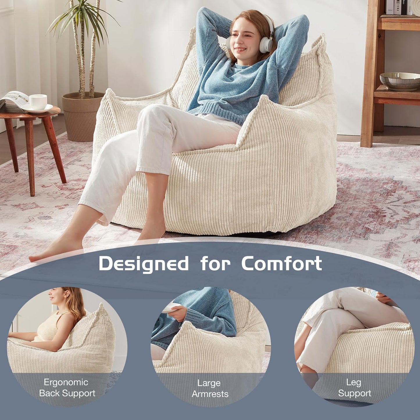 Giant Bean Bag Chair Sofa for Adults Teens, Comfy Corduroy Large Bean Bag Chairs with Armrests for Bedroom Living Room, Adult BeanBag Lazy Sofa Couch Chairs with Filler Included