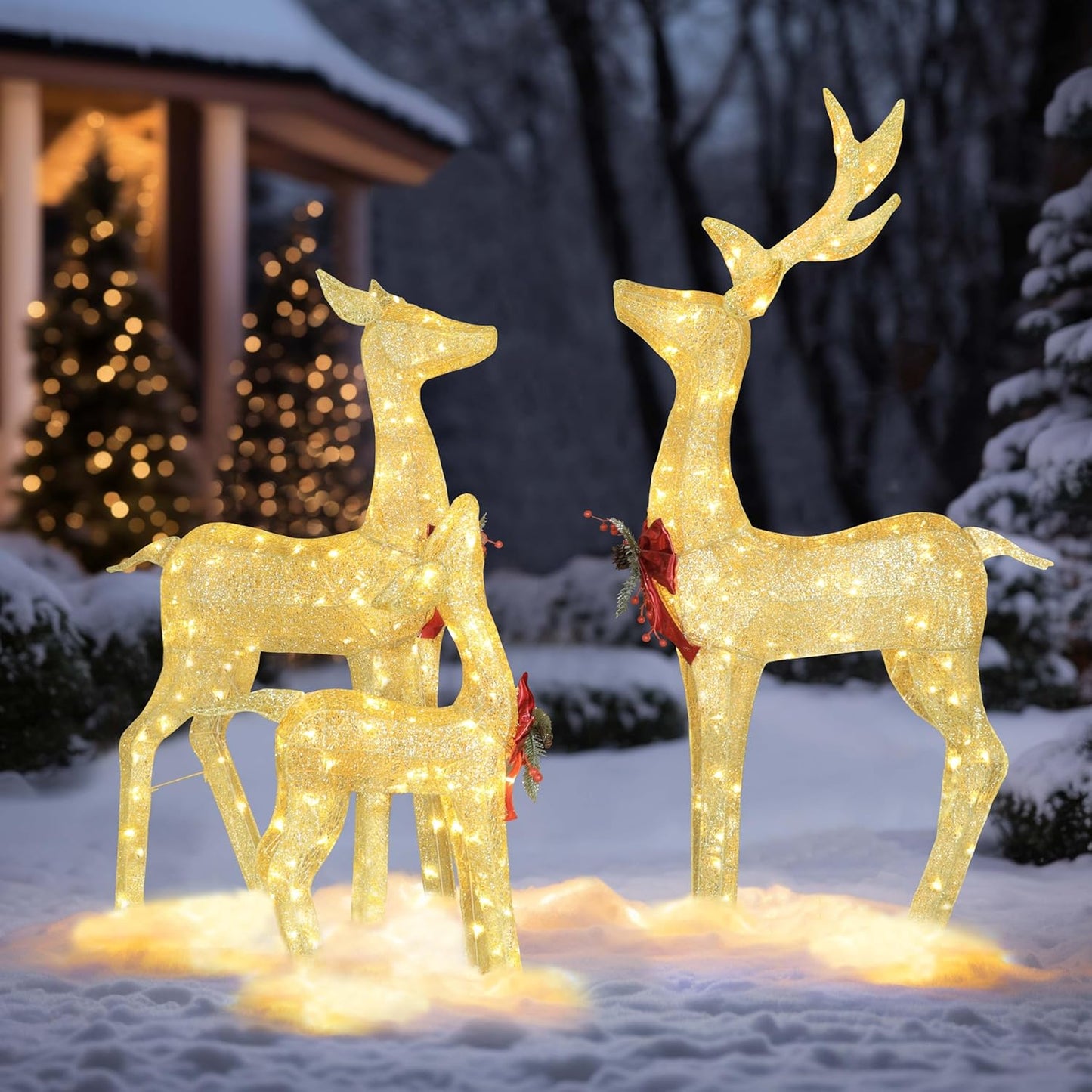4.5FT Lighted Reindeer Family Set for Christmas Decoration, 3 Pieces Pre-Lit Iridescent Deer with 200 LED Lights, 3D Glittered Standing Holiday Display for Outdoor, Indoor, Golden