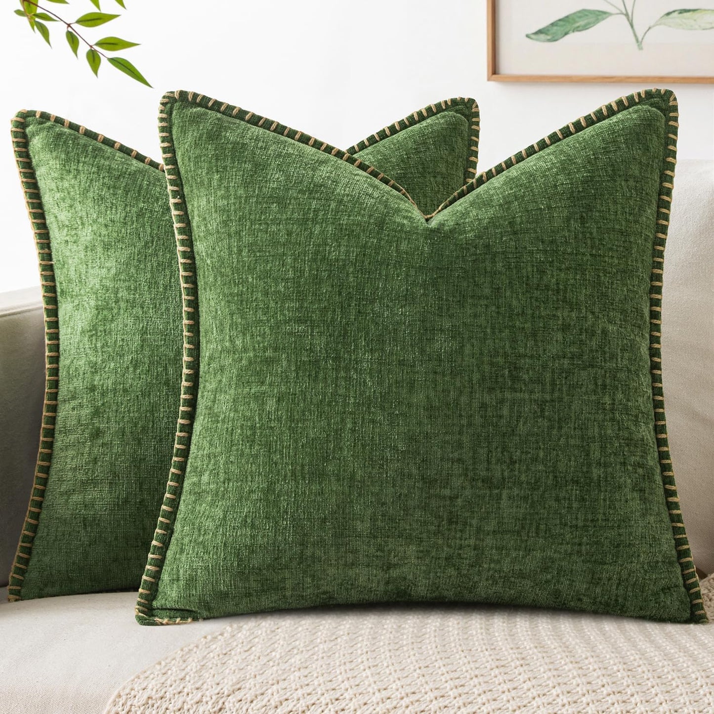 MIULEE Pack of 2 Fall Couch Pillow Covers 18x18 Inch Moss Green Farmhouse Decorative Throw Pillow Covers with Stitched Edge Soft Chenille Solid Dyed Pillow Covers for Sofa Bed Living Room