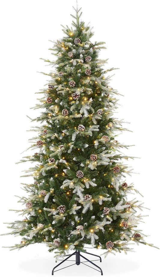 Casafield 6.5FT Pre-Lit Frosted Slim Aspen Fir Artificial Holiday Christmas Tree with White & Multicolored LED Lights, Partially Flocked Realistic Noble Fir with Metal Stand