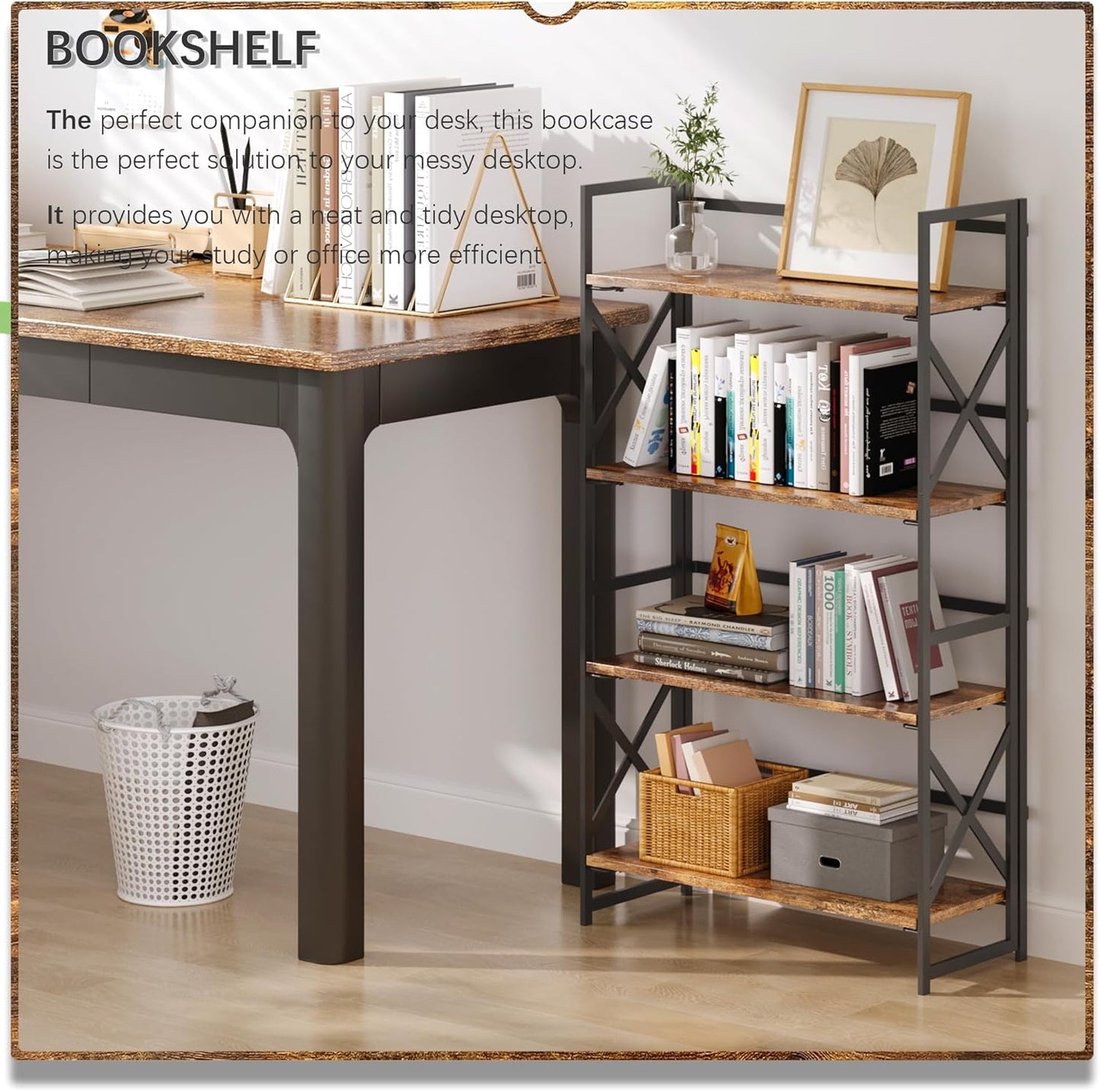 4NM 4 Tiers No Assembly Book Shelves, 41.3" H Folding Bookshelf Bookcase Open Industrial Foldable Shelves for Bedroom, Living Room, Home Office - Rustic Brown Black