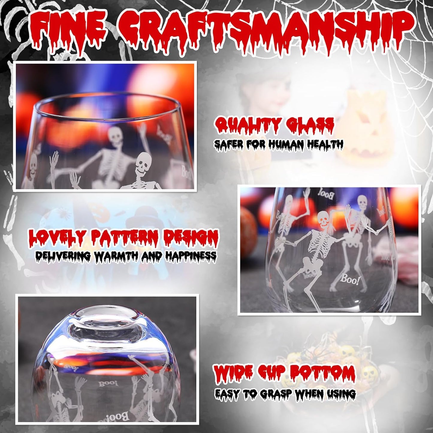 Sliner 2 Pack 17 oz Halloween Skeleton Wine Glasses Gift for Women Skull Shot Glasses Whiskey Drinking Cup for Halloween Party Supplies Birthday Theme Events Spooky Gifts(Skeleton)