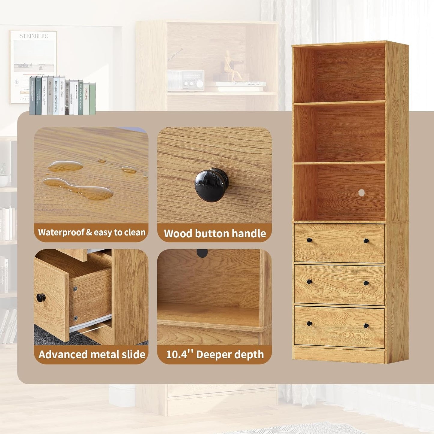 71" Tall Bookshelves Set of 4, 2 Bookcases with Drawers & 2 Bookshelves with Doors, Wooden Bookshelves Floor Standing Display Storage Shelves Home Decor Furniture for Home Office, Living Room