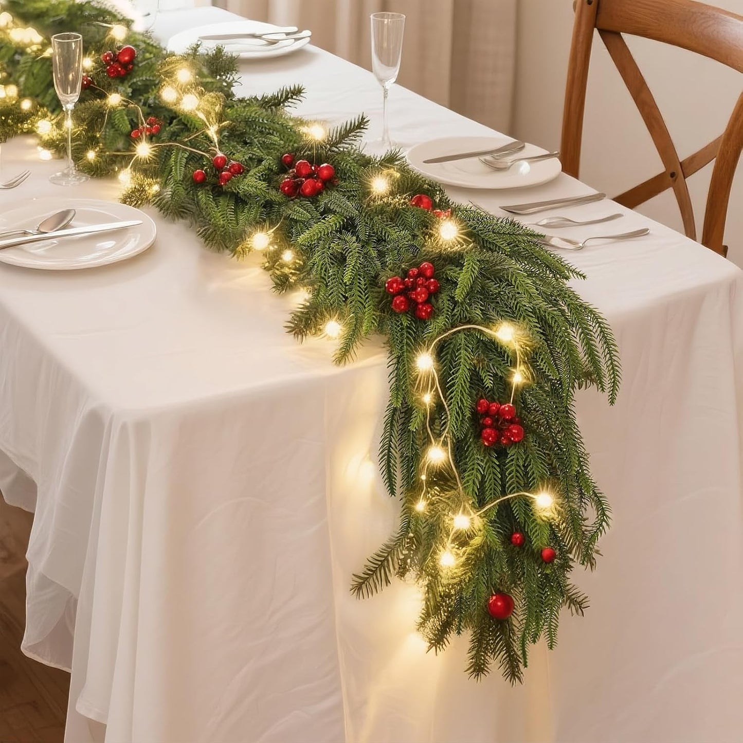 9FT Christmas Norfolk Pine Garland -1PCS, Artificial Pine Needles Garlands Faux Greenery Fake Garland for Holiday Fireplace,Table,Window,Stairs,Mante,Indoor Outdoor Decor