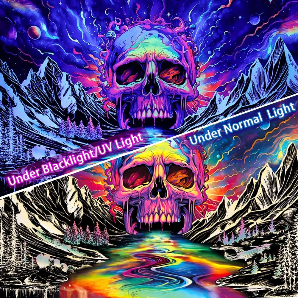 Blacklight Skull Tapestr UV Reactive Galaxy Mountain Planet Tapestries Magic Neon River Wall Hanging Aesthetic Skeleton Wall Decor Forest Trees Landscape Backdrop for Living Room