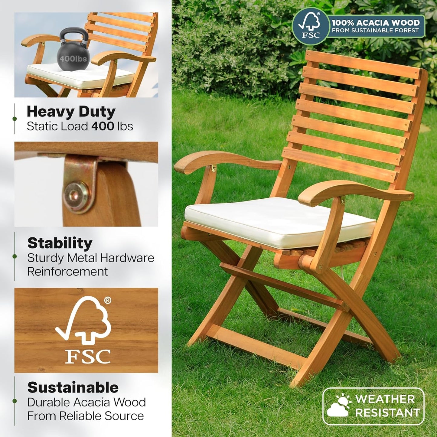 IDZO, Percy Chairs Heavy Duty 400lbs Capacity Set of 2 w/Cushion, FSC Acacia Outdoor Furniture, Teak Finish, Fully Assembled, Wood Folding_Beige