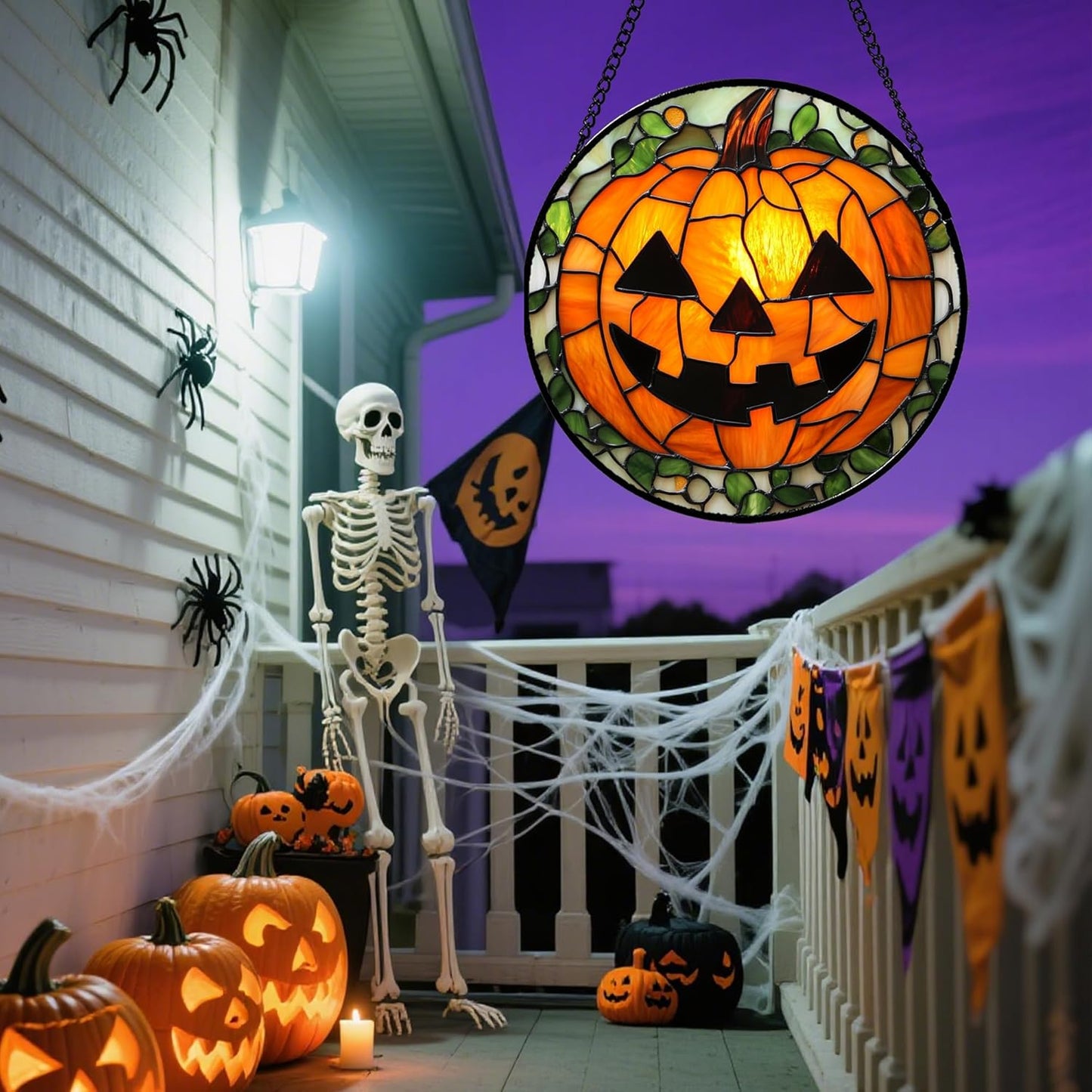 Stained Glass Window Hanging, Halloween Decorations Evil Pumpkin Suncatcher for Doors Garden Indoor Spooky Funny Orange Sun Catchers Gothic Decor Horror Gifts for Women Men Friend 6.3 in