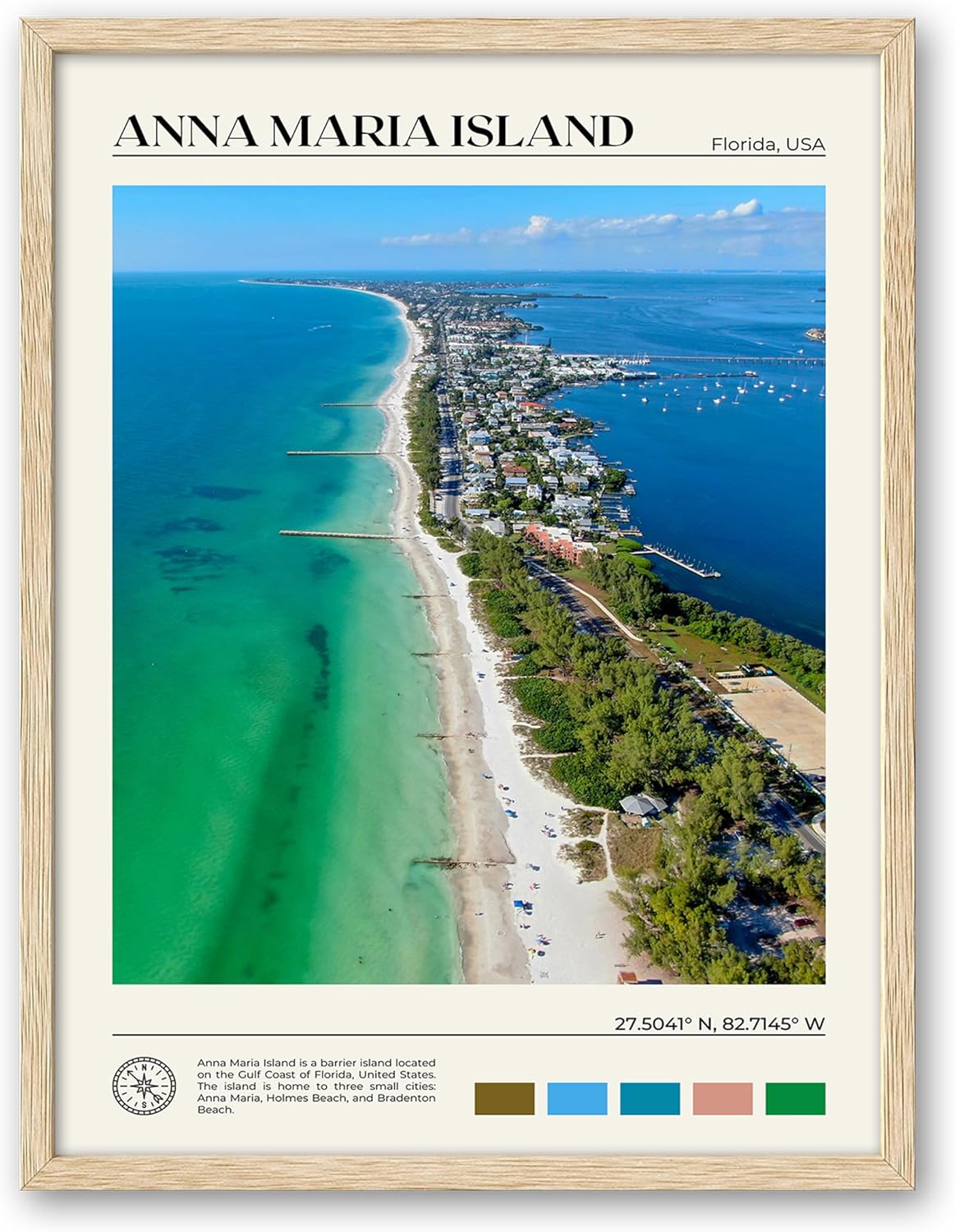 HesenDot Natural OAK Wood Framed Anna Maria Island Wall Art,12x16in Florida Seascape Canvas Wall Print,Classic Urban Landmark Wall Decor for Living Room, Bedroom,Office Gallery Set of 1