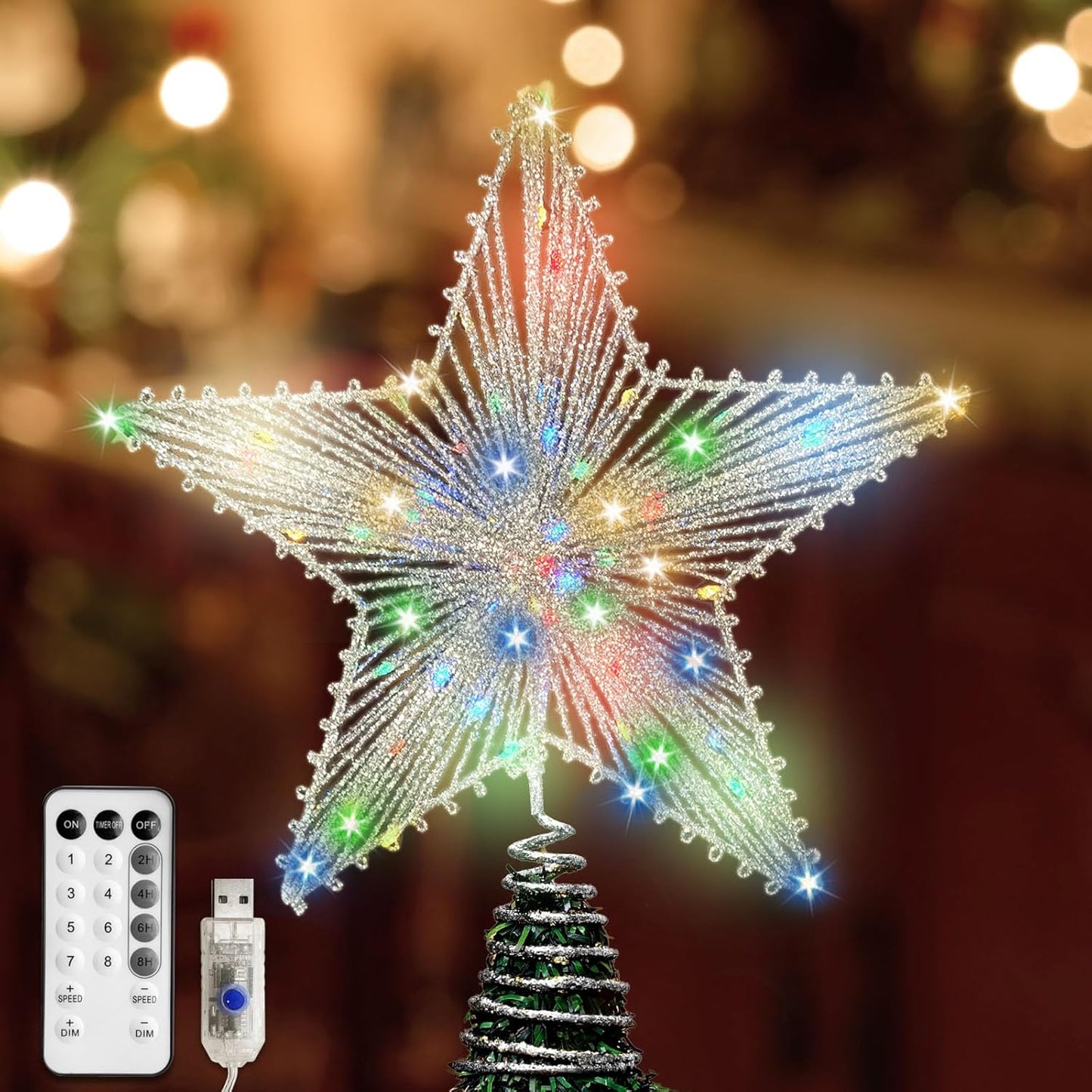 Silver Star Christmas Tree Topper with 50 Colouful LED Lights 8 Lighting Modes Timer, White Tree Topper for Christmas Tree Decorations and Xmas Holiday Seasonal Decor
