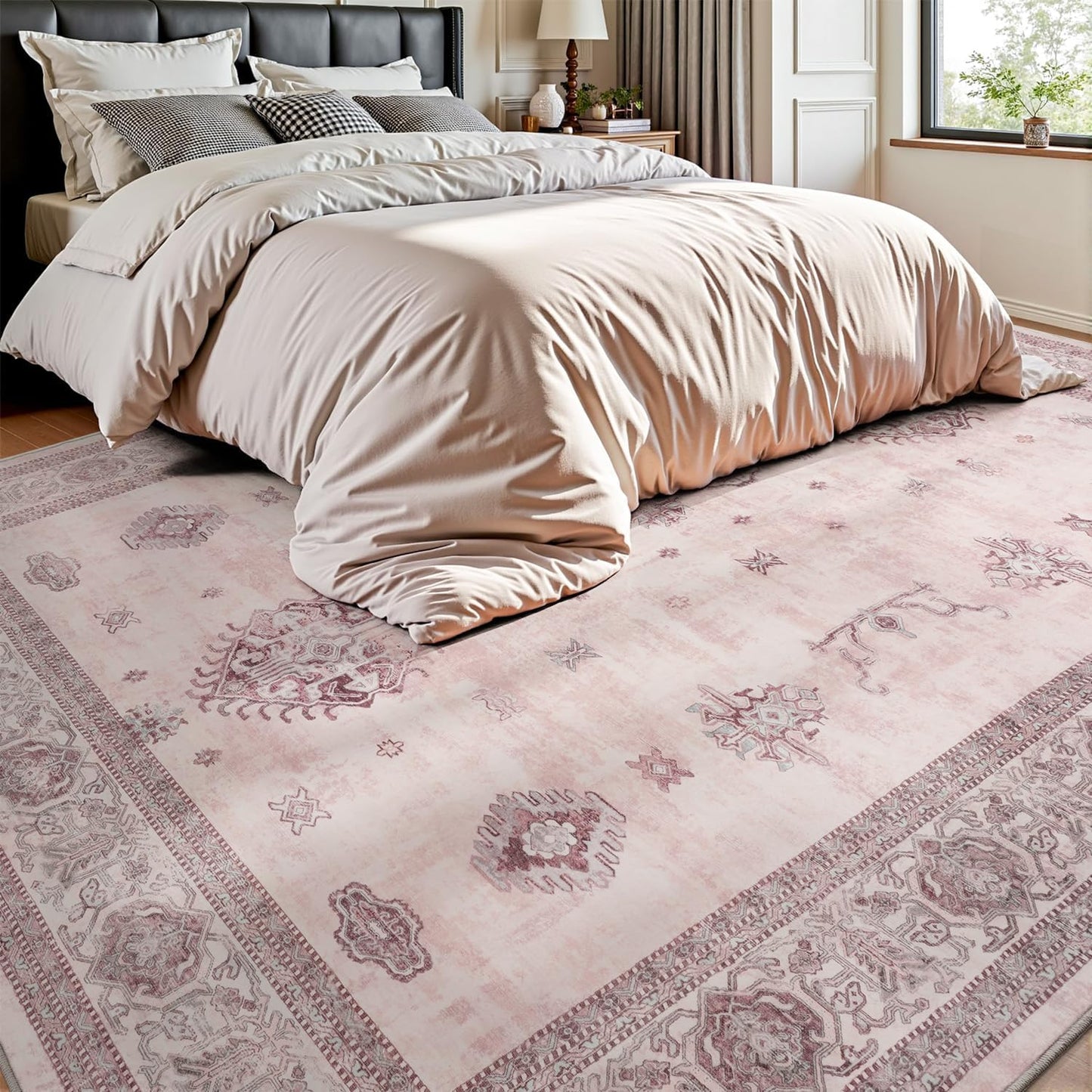 AMOAMI-Vintage Area Rug 6X9 Pink Rugs for Living Room-Soft Living Room Rug Non Slip Rugs for Bedroom Carpet Machine Washable Rug for Dining Room Bedside Office Room Decor
