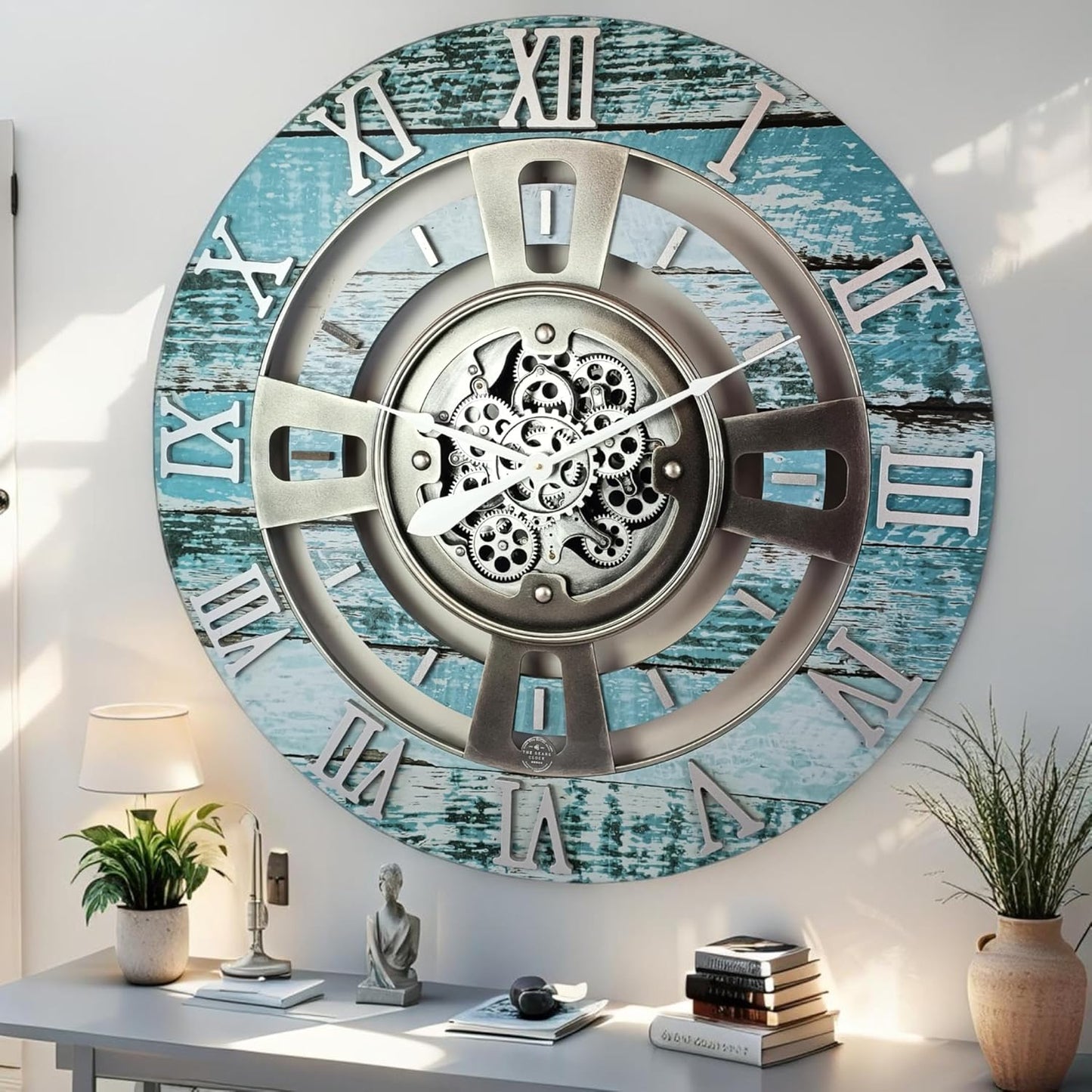 The Gears Clock Real Moving Gear Wall Clock England Line (Aqua Green, 24 inches (60 cm))