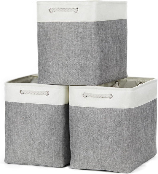 Bidtakay Extra Large Storage Baskets for Organizing 17x12x15.1 inch 3-Pack Fabric Closet Organizers Storage Bins with Handles Foldable Storage Baskets for Shelves Clothes XL-White&Grey