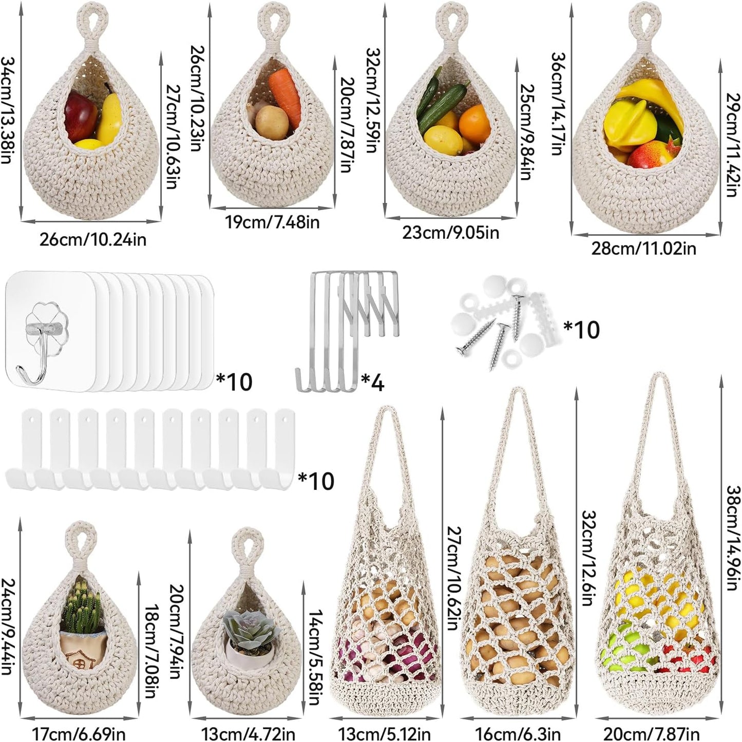 AARAINBOW Boho Wall Hanging Baskets for Kitchen Storage, Fruit Woven Wall Basket 9 Pcs, Hanging Vegetable and Onion Storage with 24 Hooks （White）