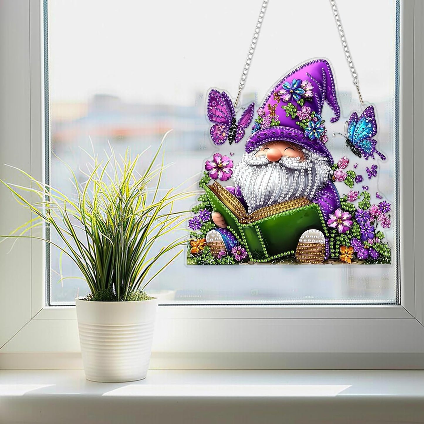 SENQAO Gnome Diamond Art Hanging Kit for Adult, Special Shaped Rhinestone, Double Sided DIY Acrylic Diamond Art Painting Window Pendants Home Garden Wall Hanging Kits Hanging Ornament(Butterfly Book)