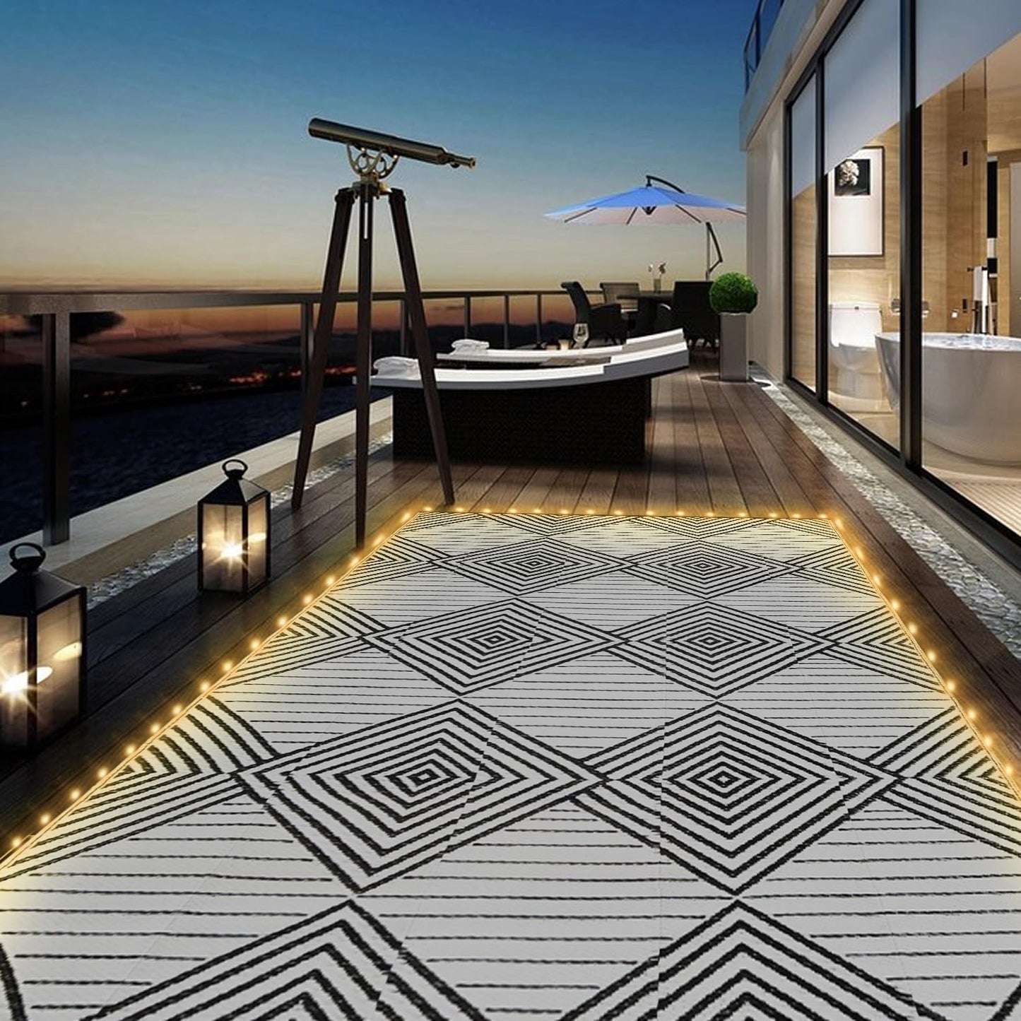 6x9ft Waterproof Outdoor Rug with LED Lights, Foldable Reversible Plastic Straw Mat for Patio RV Camping Picnic Balcony Beach Deck Indoor Outdoor Carpet, Black&White