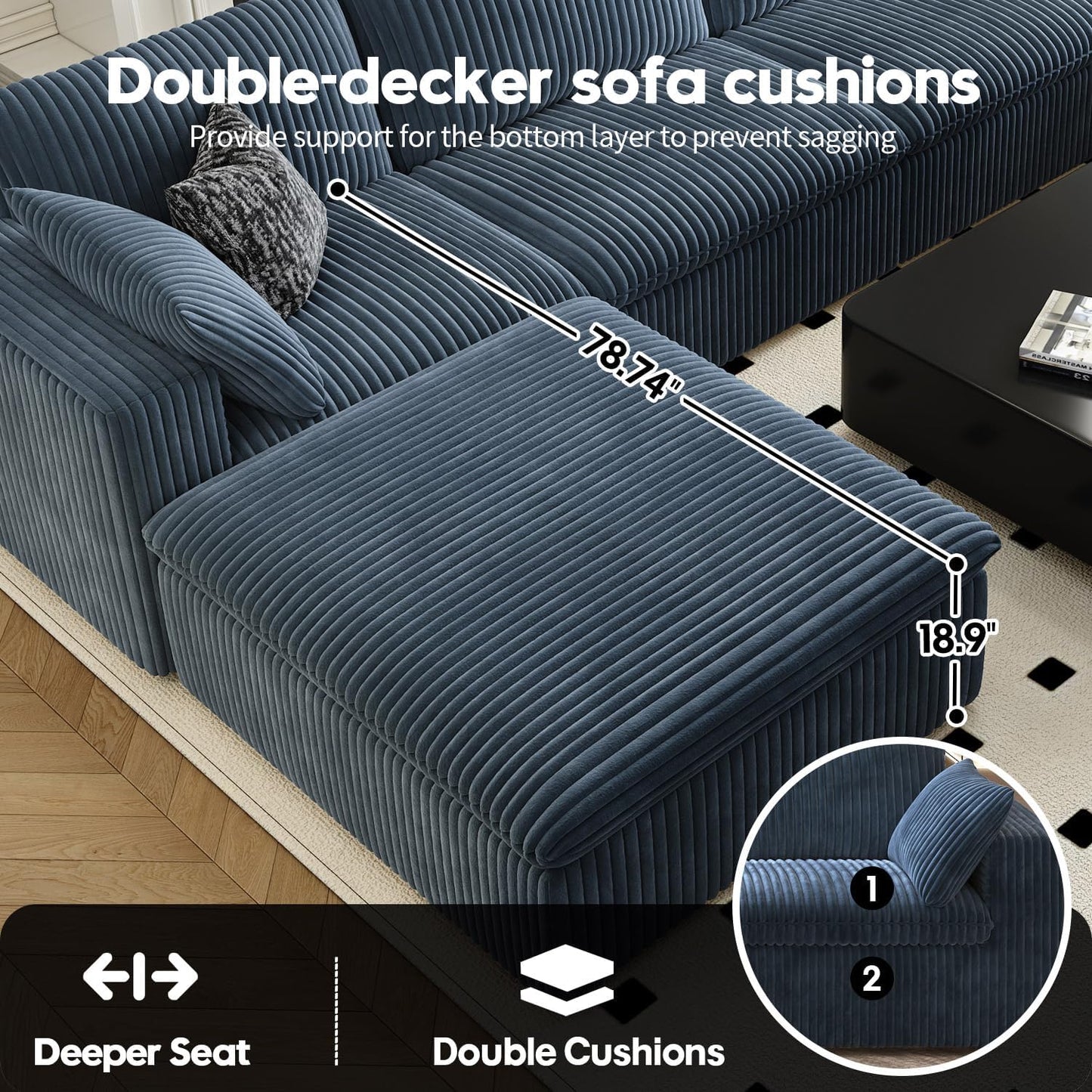 118" Cloud Couch Modular Sectional Sofa for Living Room,Modern Sofa with Deep Seat，U-Shape Boneless Couch with 2 Ottoman,Comfy Upholstered Corduroy Couches for Apartment, Studio, Office,Bedroom，Blue