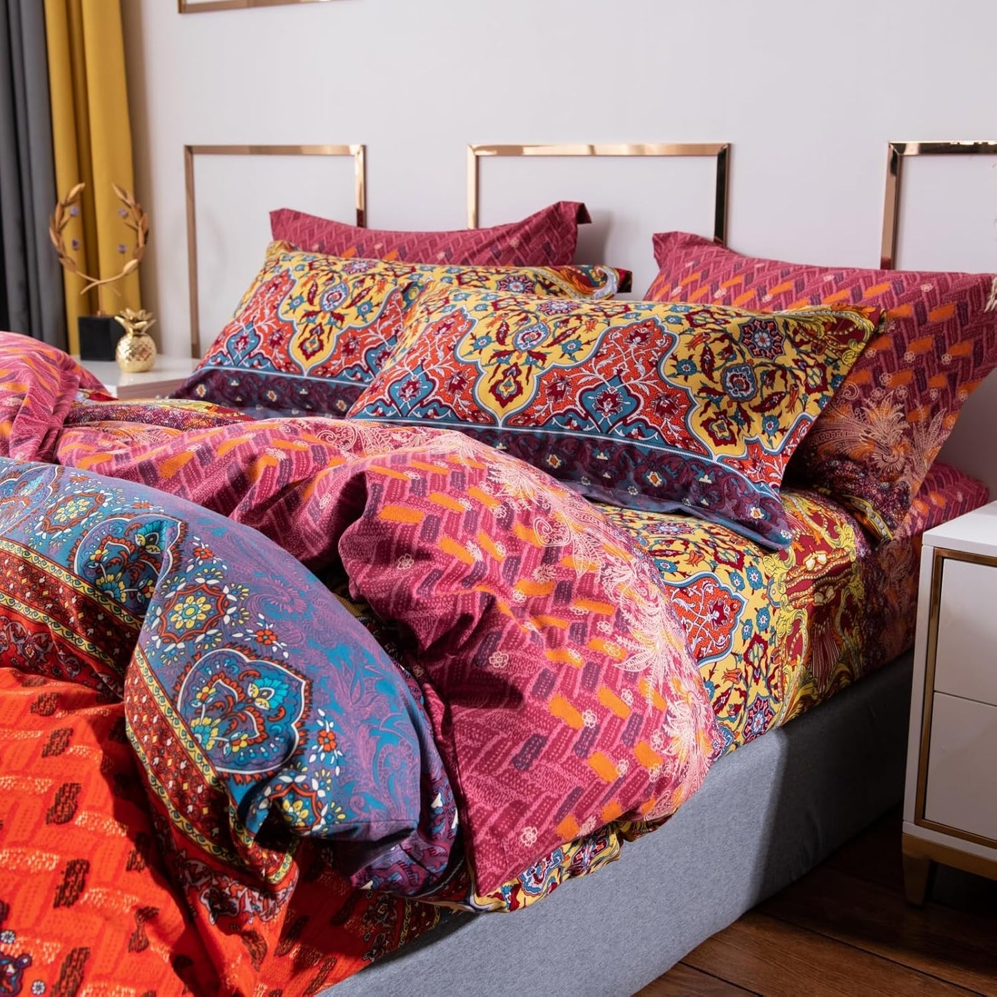 ABREEZE Bohemian Duvet Cover Set Colorful Orange Boho Retro Bedding Set Damask Paisley Cotton Duvet Cover Tribal Reversible Bedding Exotic Style Comforter Cover 3-Piece King