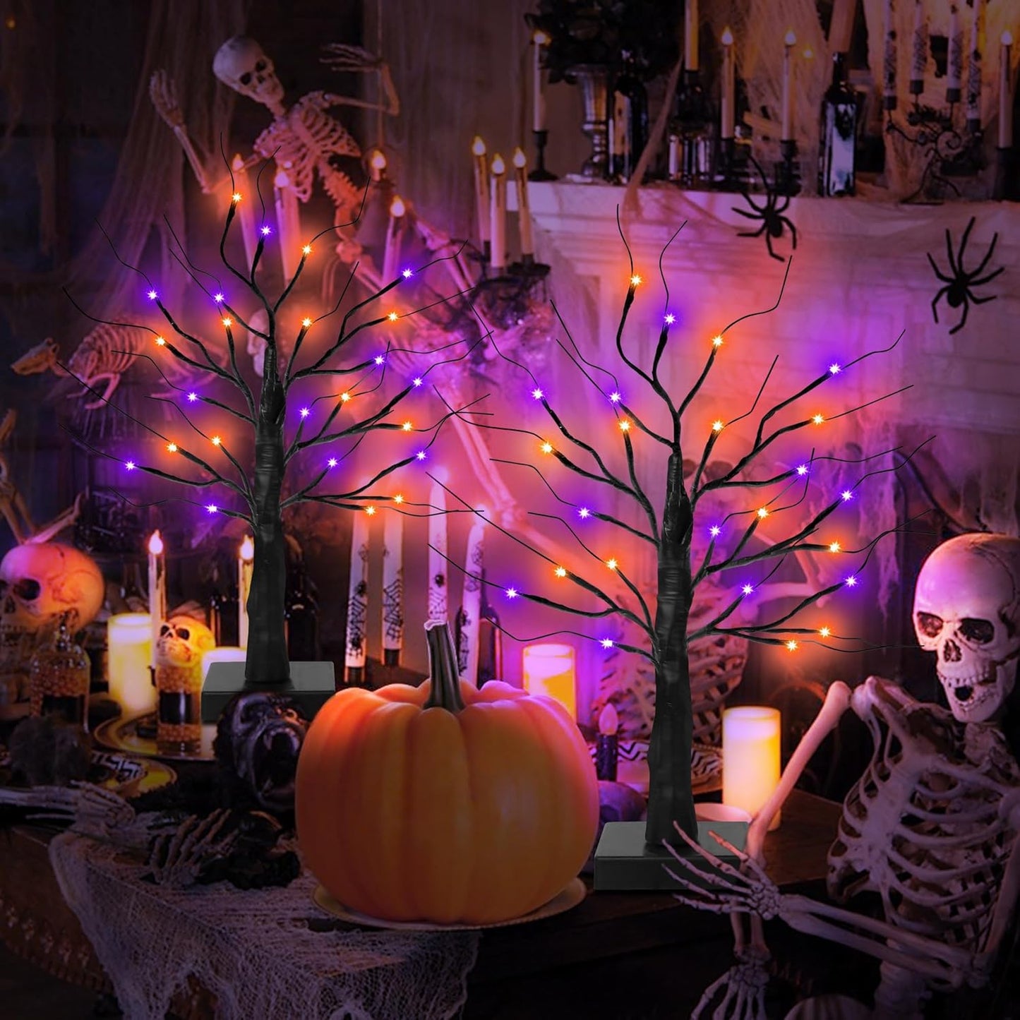 [Timer] 2 Pack 24 Inch Black Halloween Tree with Orange Purple Lights, USB/Battery Operated Light Up Halloween Table Decorations, Spooky Halloween Decorations Indoor Home Mantle Room Party Decor