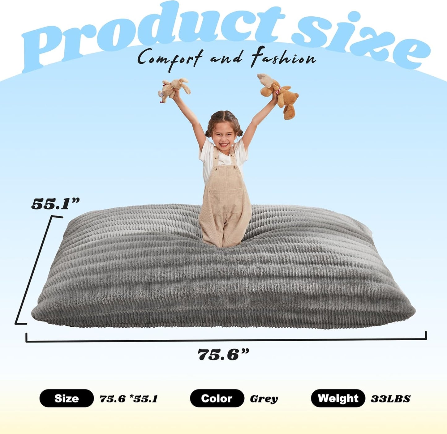 Hobestluk 3 in 1 Bean Bag Chair Giant Bean Bag Chairs for Adults with Ripple Cover Convertible Bean Bag Floor Cushion with Machine Washable Cover for Living Room (Ripple Grey)