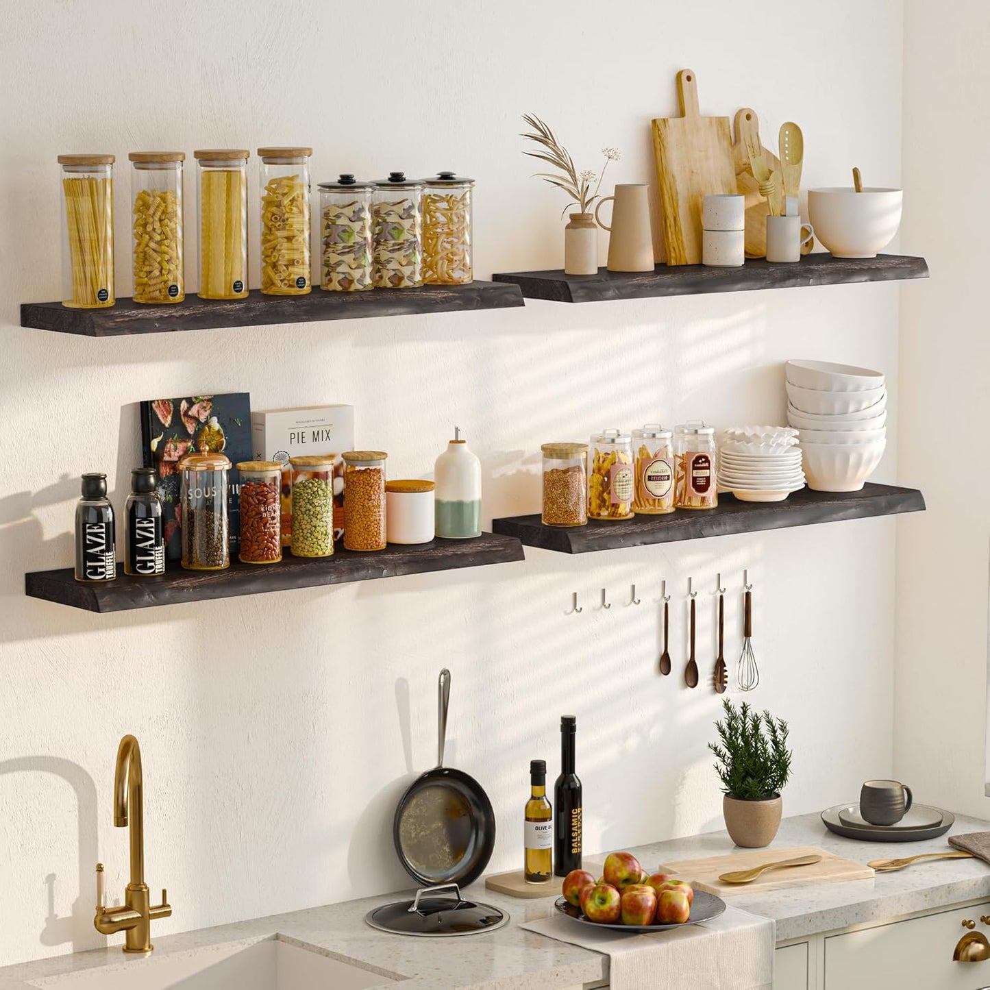 Fun Memories Solid Elm Wood Floating Shelves, 42 Inch Floating Shelves for Wall, Wall-Mounted Live Edge Wooden Shelves with Invisible Heavy-Duty Brackets for Books, Bathroom, Kitchen, Walunt Finish