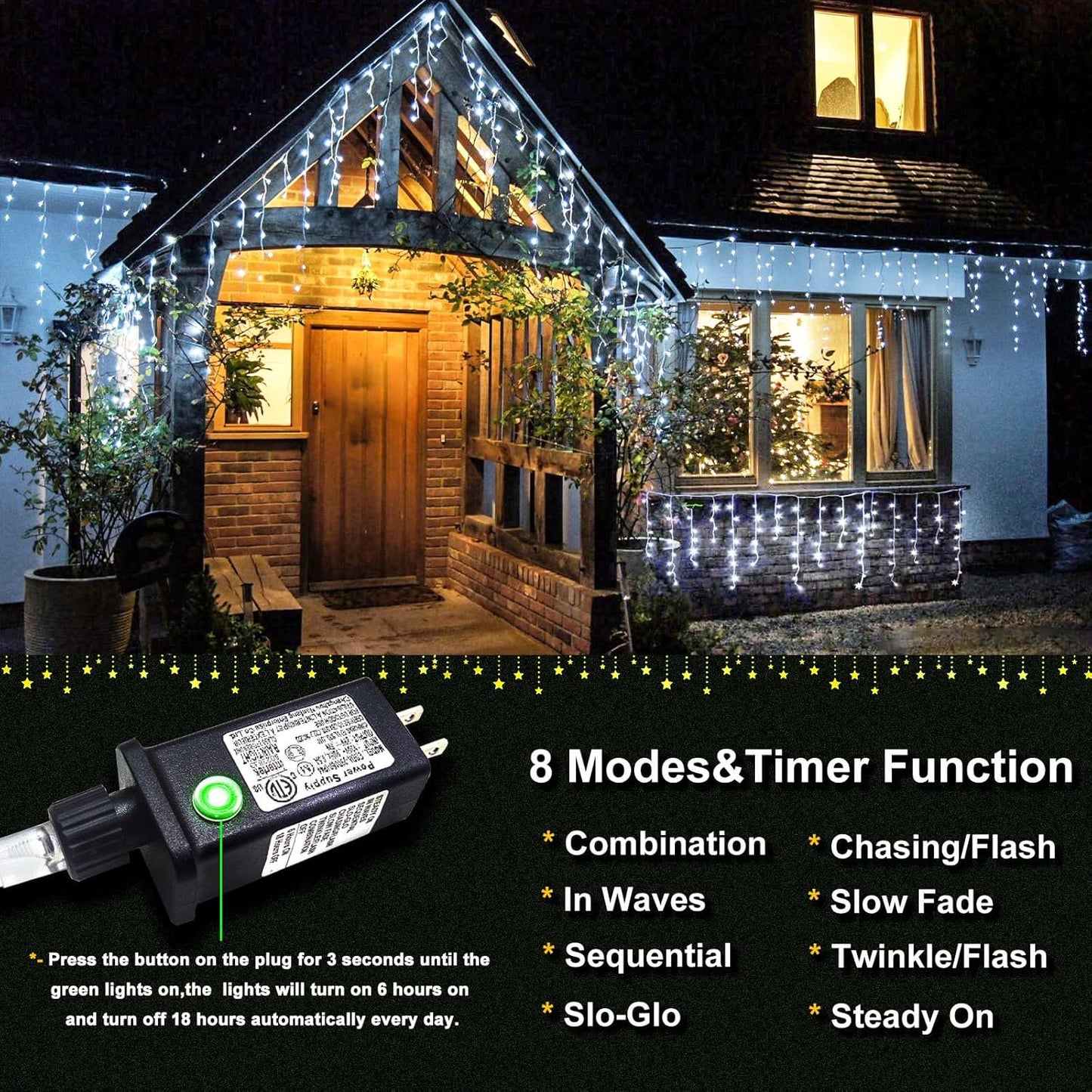 99ft 1216 LED Icicle Christmas Lights Outdoor - 8 Modes Icicle Lights with 228 Drops, Waterproof Plug in Fairy Curtain Light with Timer Memory for Party Holiday Wedding Decorations, Cool White