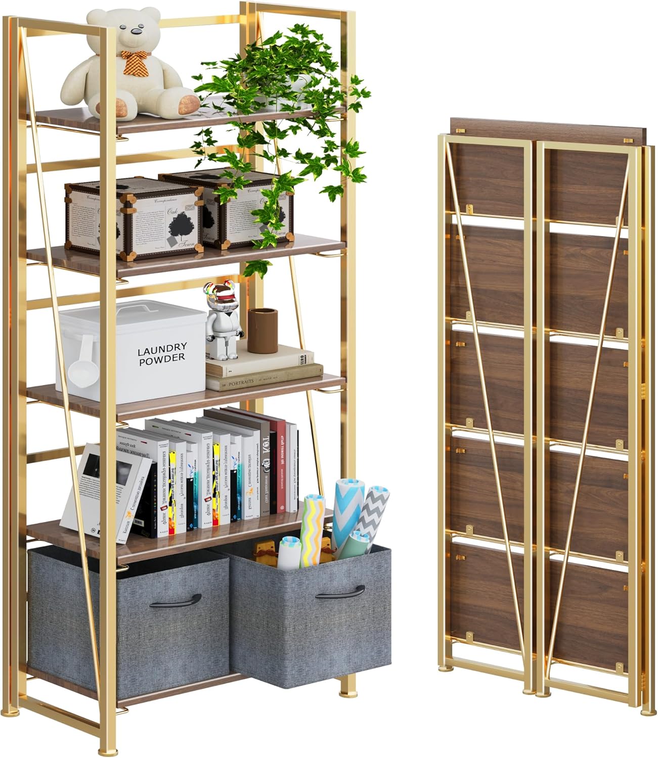 4NM No Assembly Foldable Bookshelf, 5-Shelf Collapsible Bookcase Storage for Small Spaces, 62.2" H, Brown and Golden