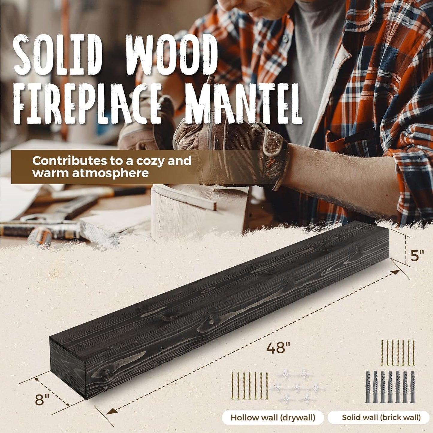 48x8x5 Fireplace Mantel - Handcrafted Hollow Rustic Solid Wood Wall Mounted Floating Shelf with Invisible Heavy Duty Wood Bracket (Weathered Black)