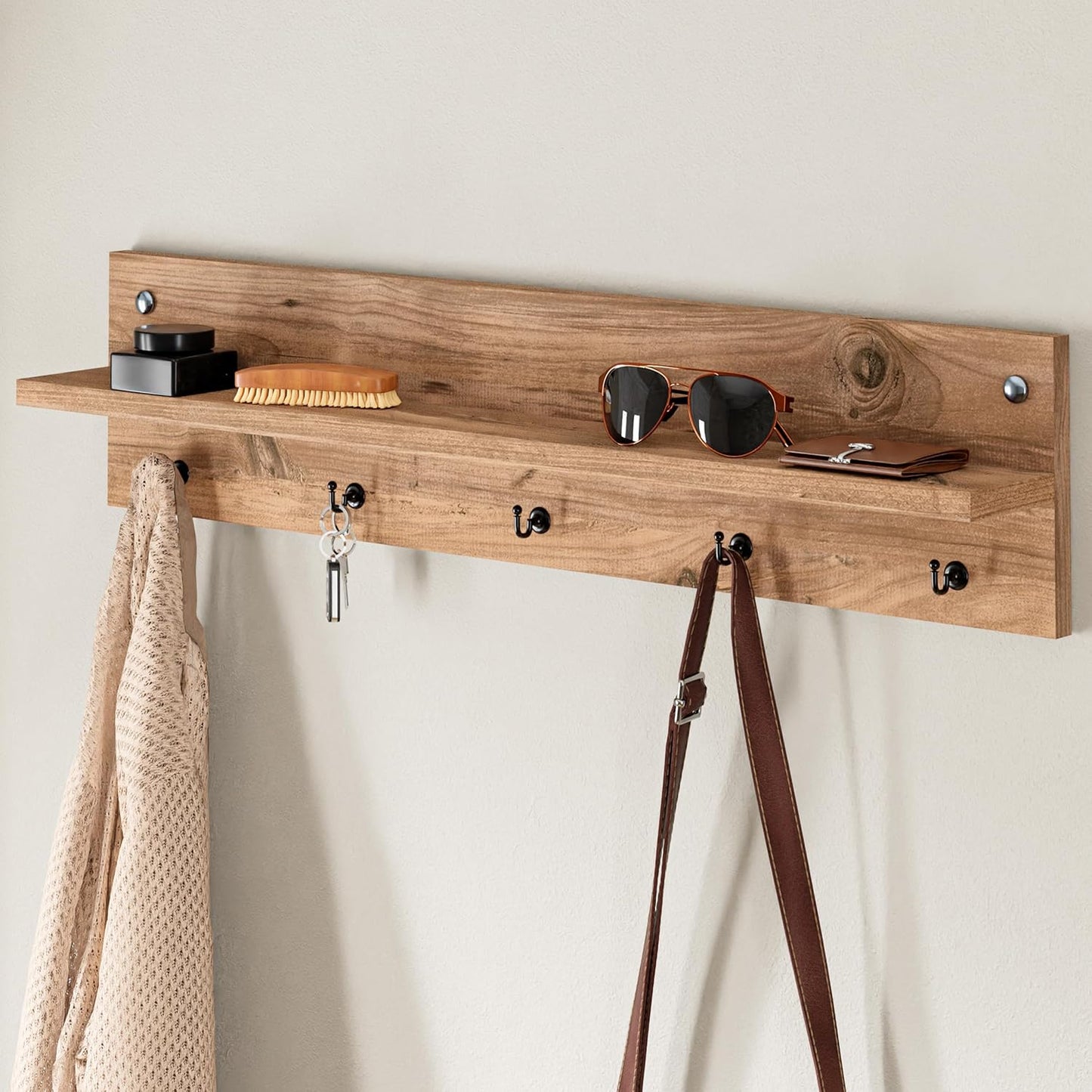 Modern Wall-Mounted Coat Rack with Shelf and Hooks - Wooden Entryway Organizer (Brown)