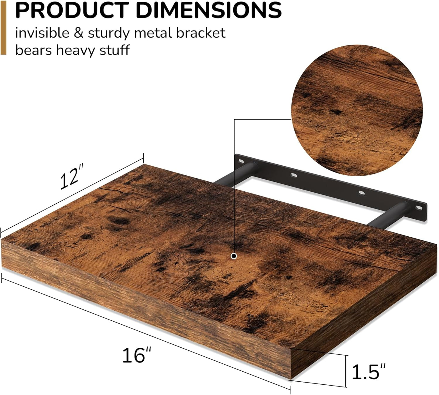 Fun Memories Floating Shelves - 2 Pack 12 Inch Deep Rustic Wooden Wall Shelves - Extra Deeper & Thicker Wall Mounted Storage Shelf for Living Room, Kitchen, Farmhouse - 16" W x 12" D x 1.5" H - Brown