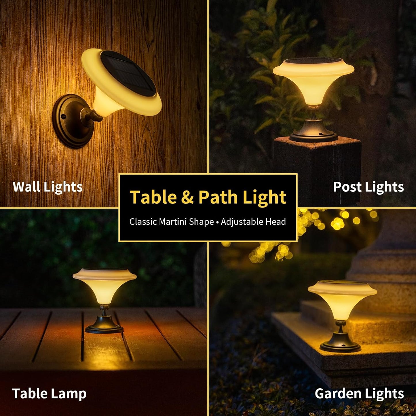 Solar Table Lights Outdoor, 6 Pack Classic Martini-Shaped Lanterns with Base & Ground Stakes, Waterproof LED Solar Powered Decorative Lights for Patio Table Garden Path (Warm White)