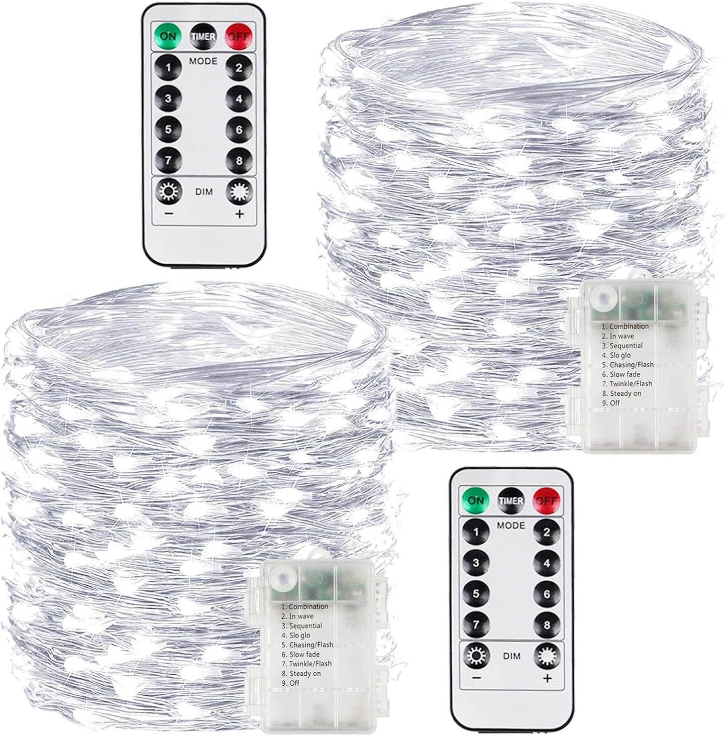 2 Pack 200LED Battery Operated Fairy Lights with Remote, 8 Modes LED String Lights with Timer, Dimmable, Memory Function, Waterproof Twinkle Lights for Outdoor Indoor Christmas Decor(Cool White)