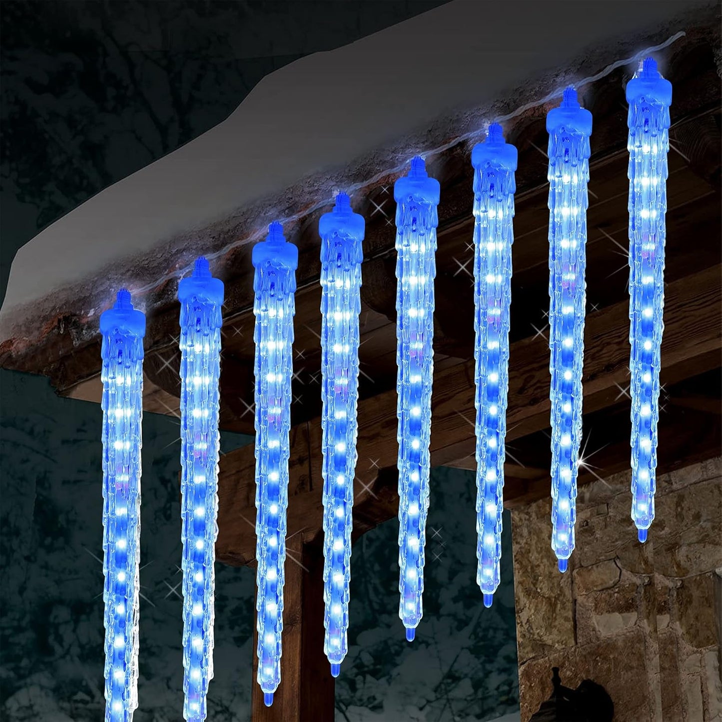 WATERGLIDE Meteor Shower Lights, 12" Outdoor Icicle Christmas Lights 8 Icicles 192 SMD LED Crystal Ice Falling Light, Connectable Raindrop Iciclelight, Xmas Winter Party Tree Holiday Decor, Blue