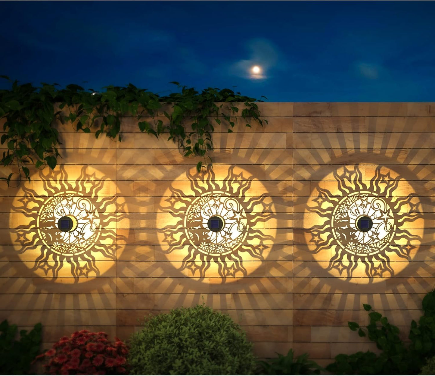 2 Pack Solar Fence Lights Metal Solar Powered Outdoor Wall Deck Lights Sun Moon Theme Waterproof Fence Light for Garden Post Patio Backyard Yard Decor (Face, 2 Pack)