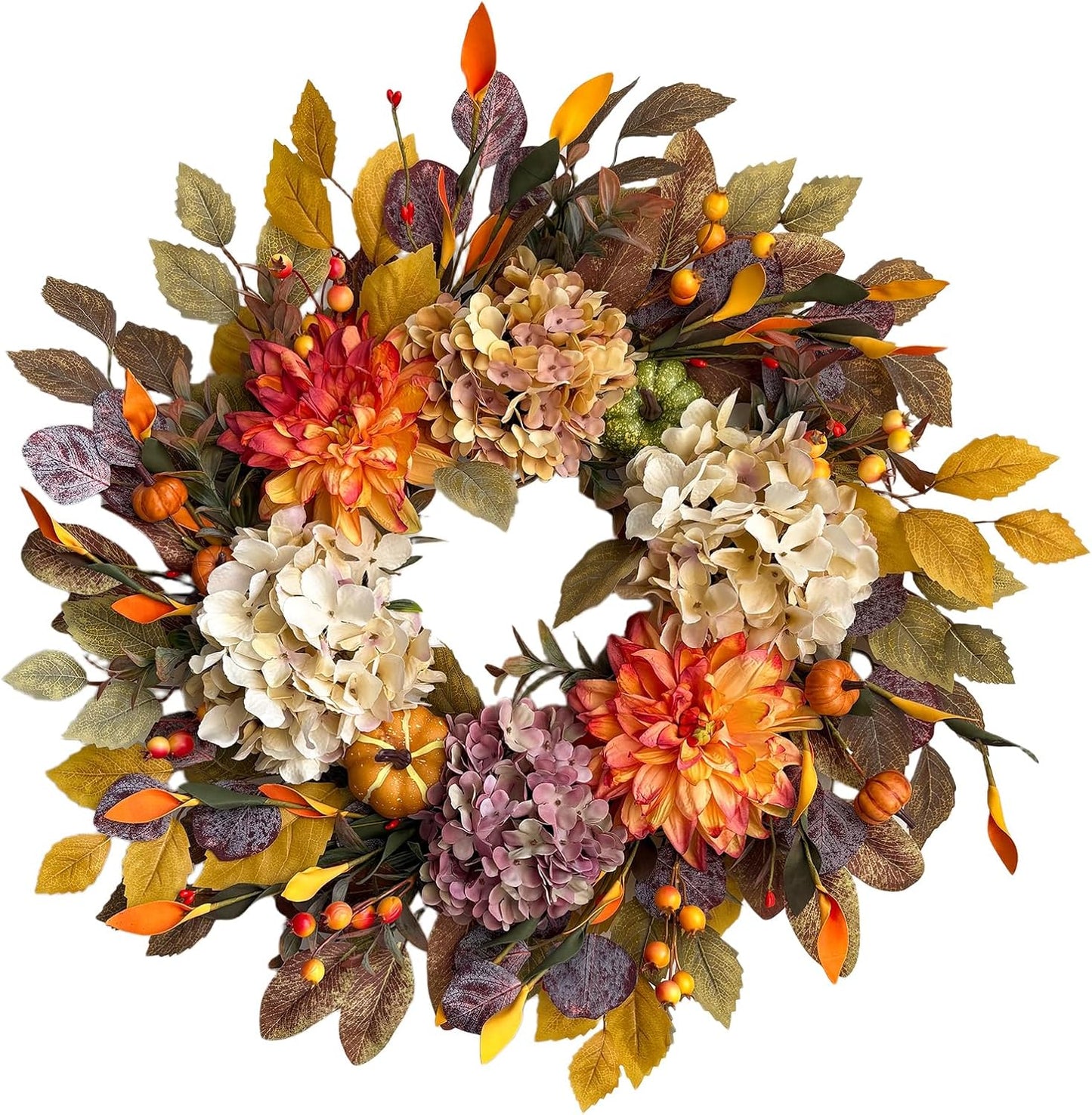 24Inch Fall Wreaths for Front Door,Fall Wreath with Beige Hydrangea,Orange Dahlia Artificial Flowers,Pumpkins,Autumn Wreaths for Harvest Thanksgiving Halloween Indoor Outdoor Home Decor