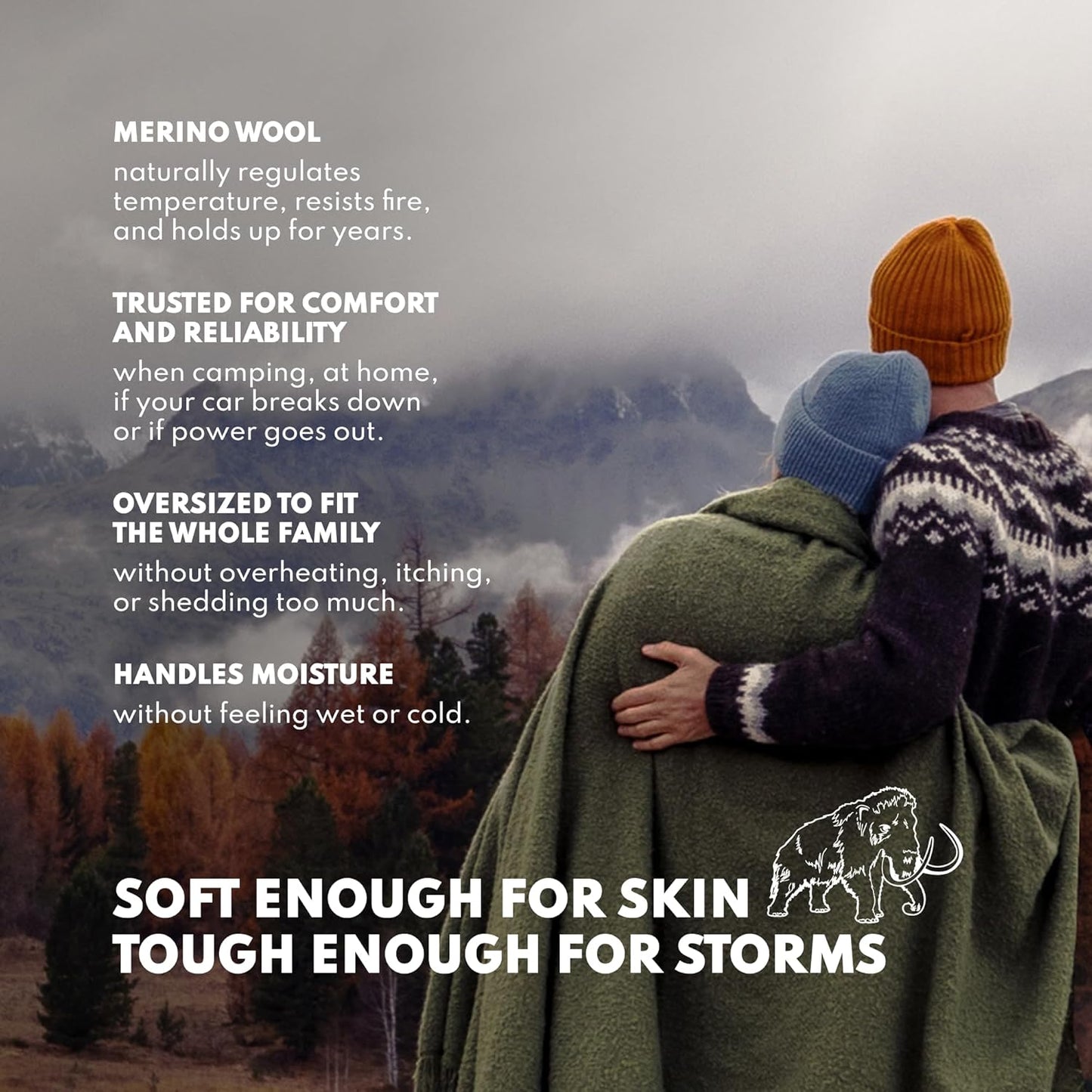 Woolly Mammoth Woolen Co. | Extra Large Merino Wool Camp Blanket | Perfect Outdoor Gear | Bedroll for Bushcraft, Camping, Trekking, Hiking, Survival, or Throw Blanket at the Cabin (Gray), 66" x 90"