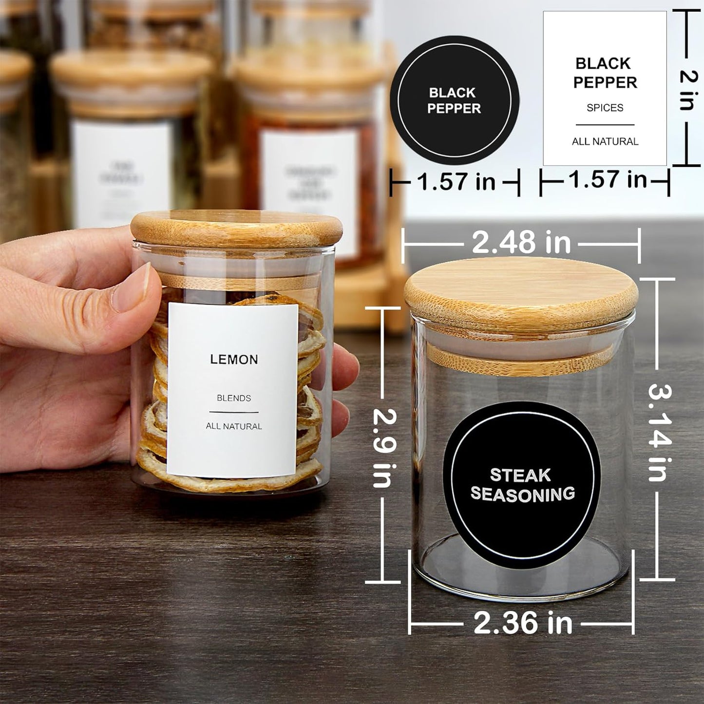 4OZ Glass Spice Jars with Bamboo Lids and 315 Labels, 20 Pcs Clear Food Storage Containers for Kitchen Sugar Salt Coffee Tea Beans